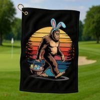 Bigfoot Sasquatch Bunny Easter Eggs Retro Golf Towel thumb 1