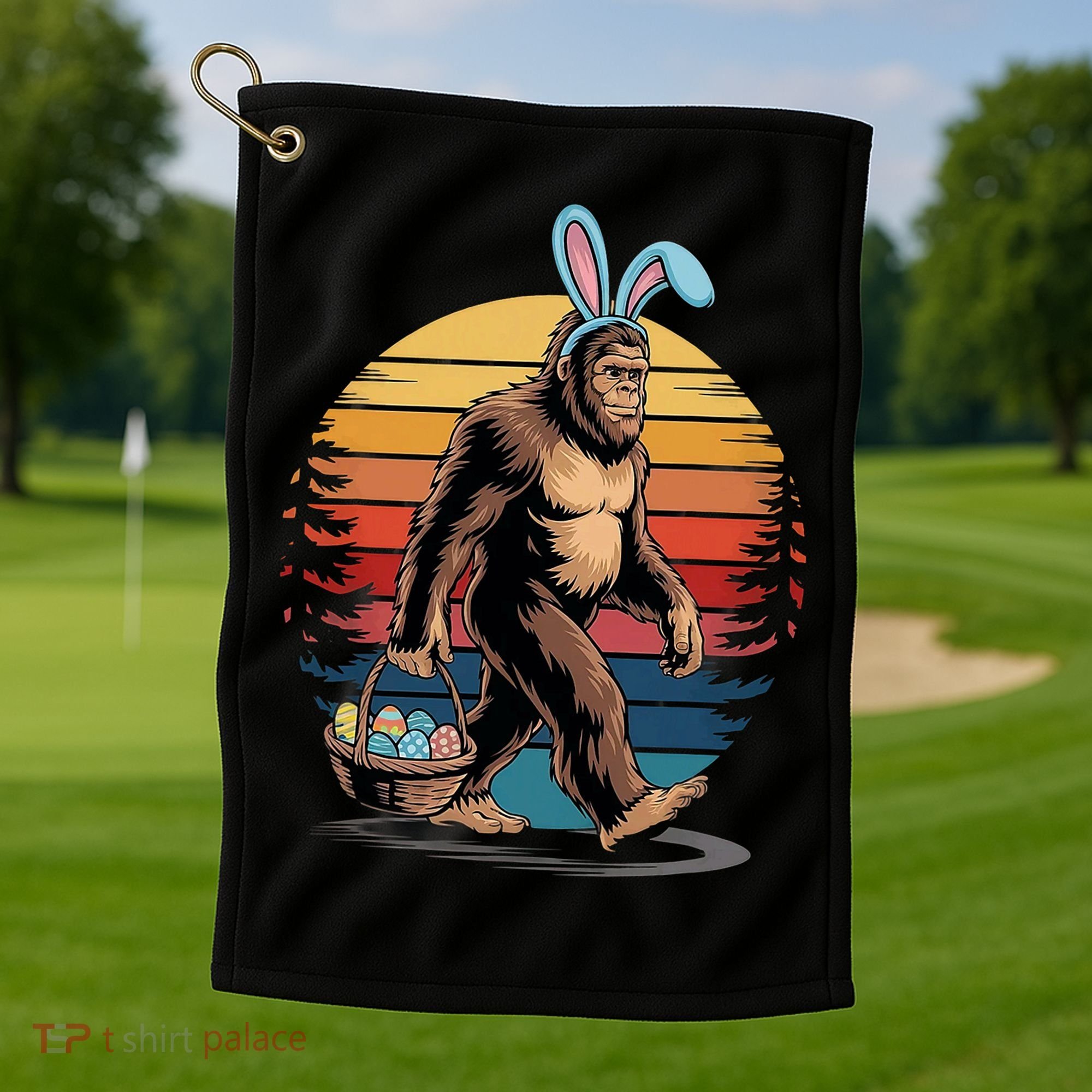 Bigfoot Sasquatch Bunny Easter Eggs Retro Golf Towel