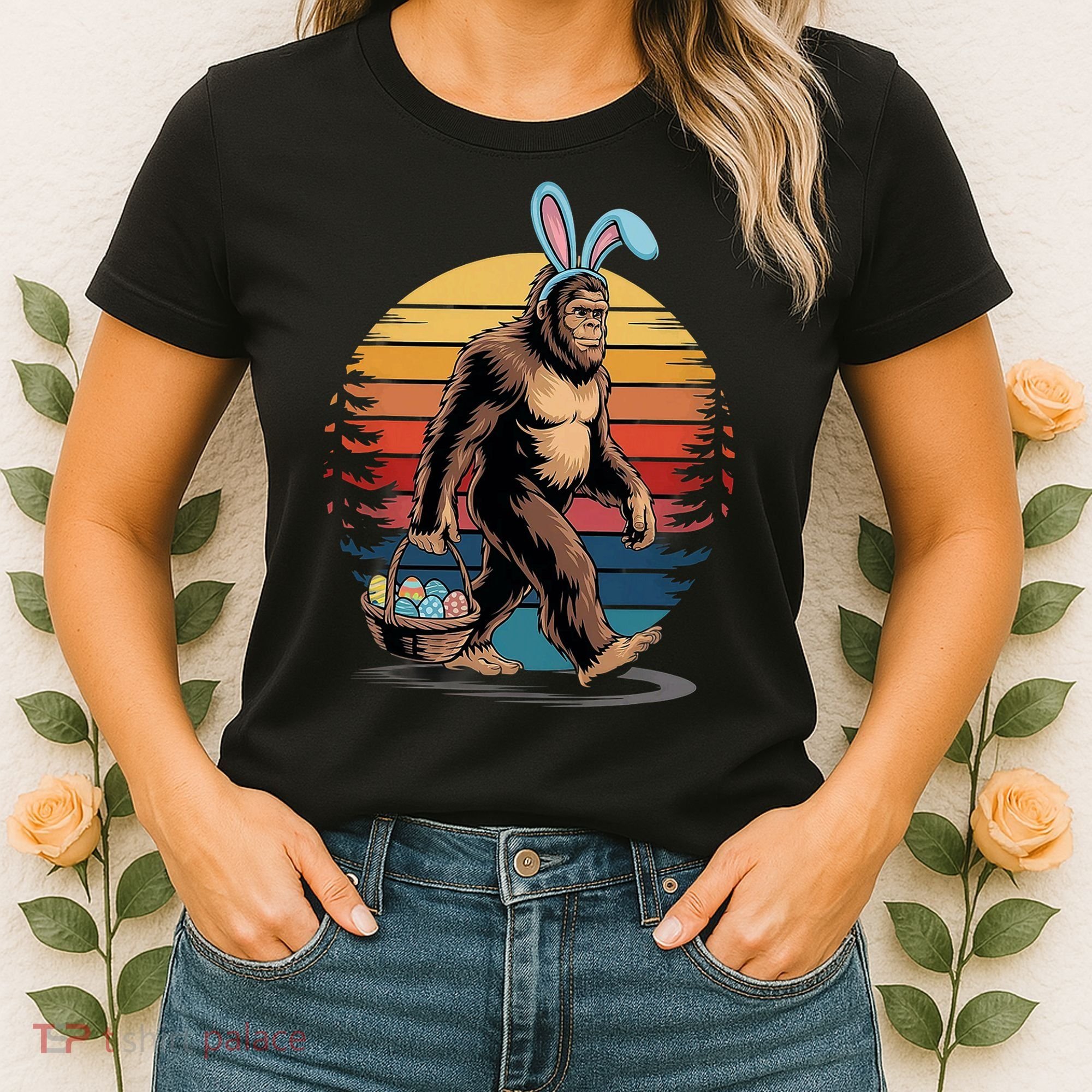 Bigfoot Sasquatch Bunny Easter Eggs Retro Women's T-Shirt