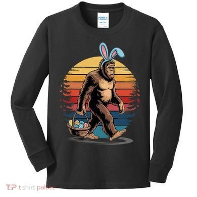 Bigfoot Sasquatch Bunny Easter Eggs Retro Kids Long Sleeve Shirt