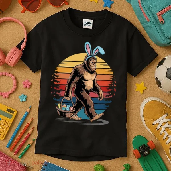 Bigfoot Sasquatch Bunny Easter Eggs Retro Kids T-Shirt