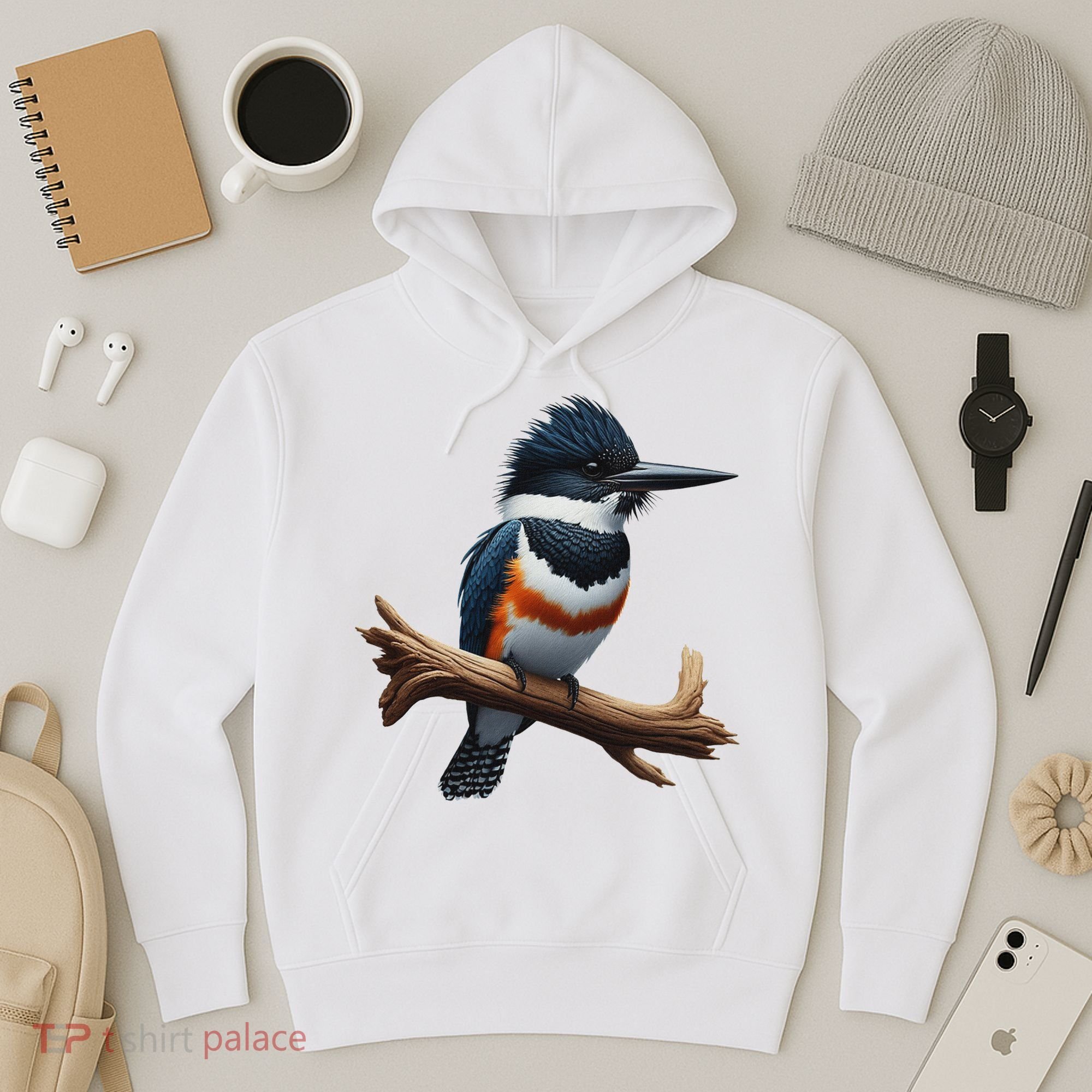 Bird Series. Belted Kingfisher Bird. ArtistS Rendition. Hoodie