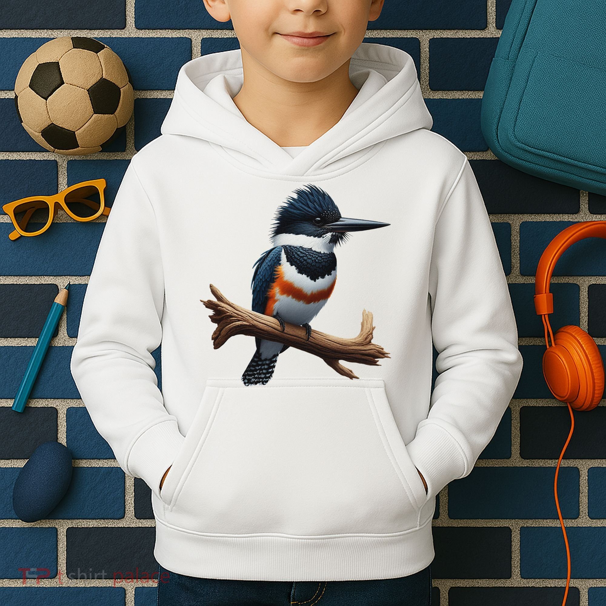 Bird Series. Belted Kingfisher Bird. ArtistS Rendition. Kids Hoodie