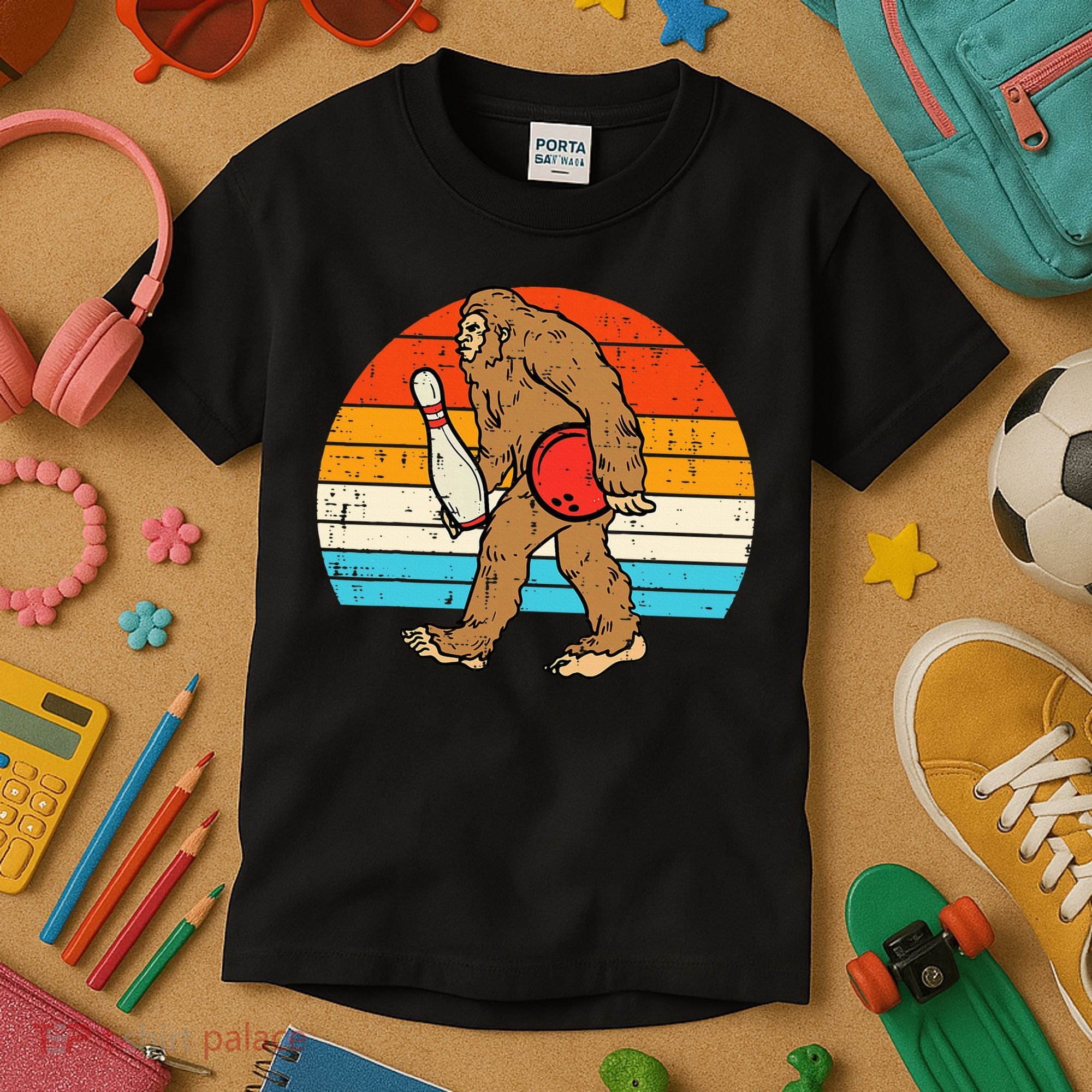 Bigfoot Sasquatch Bowling Retro Bowler Team Kids T-Shirt