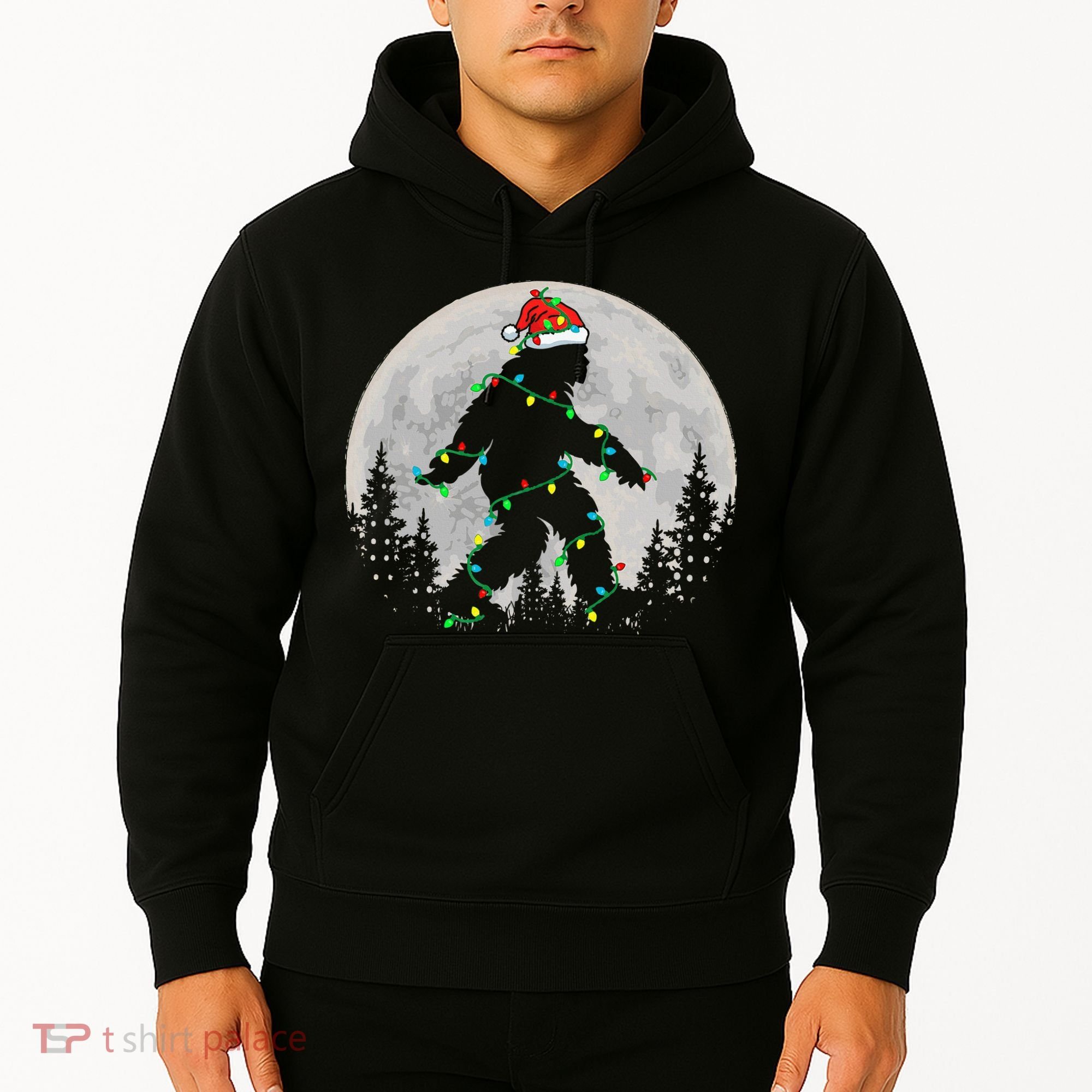 Bigfoot Santa Christmas Tree Lights Xmas Sasquatch Hoodie