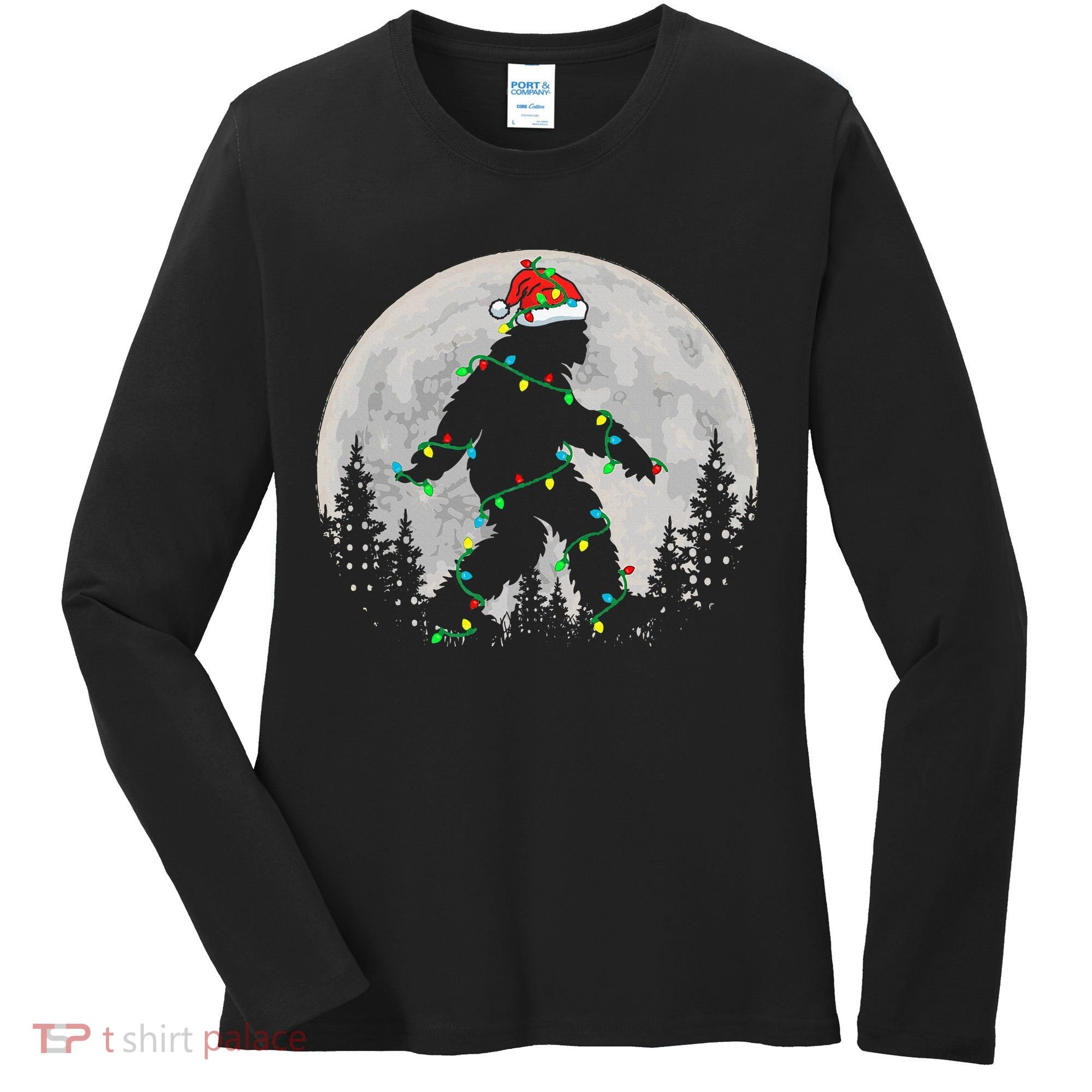 Bigfoot Santa Christmas Tree Lights Xmas Sasquatch Women's Long Sleeve Shirt