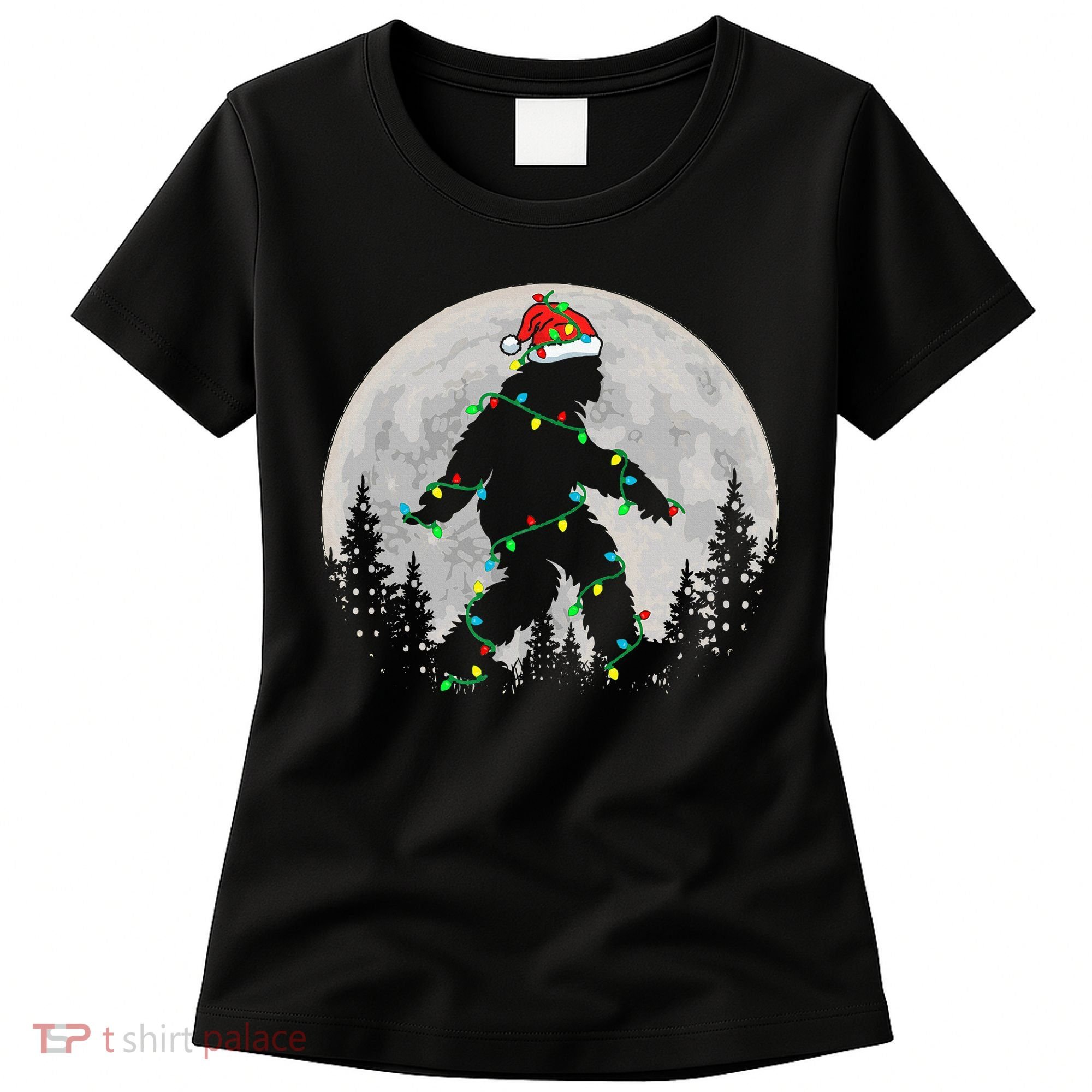 Bigfoot Santa Christmas Tree Lights Xmas Sasquatch Women's T-Shirt