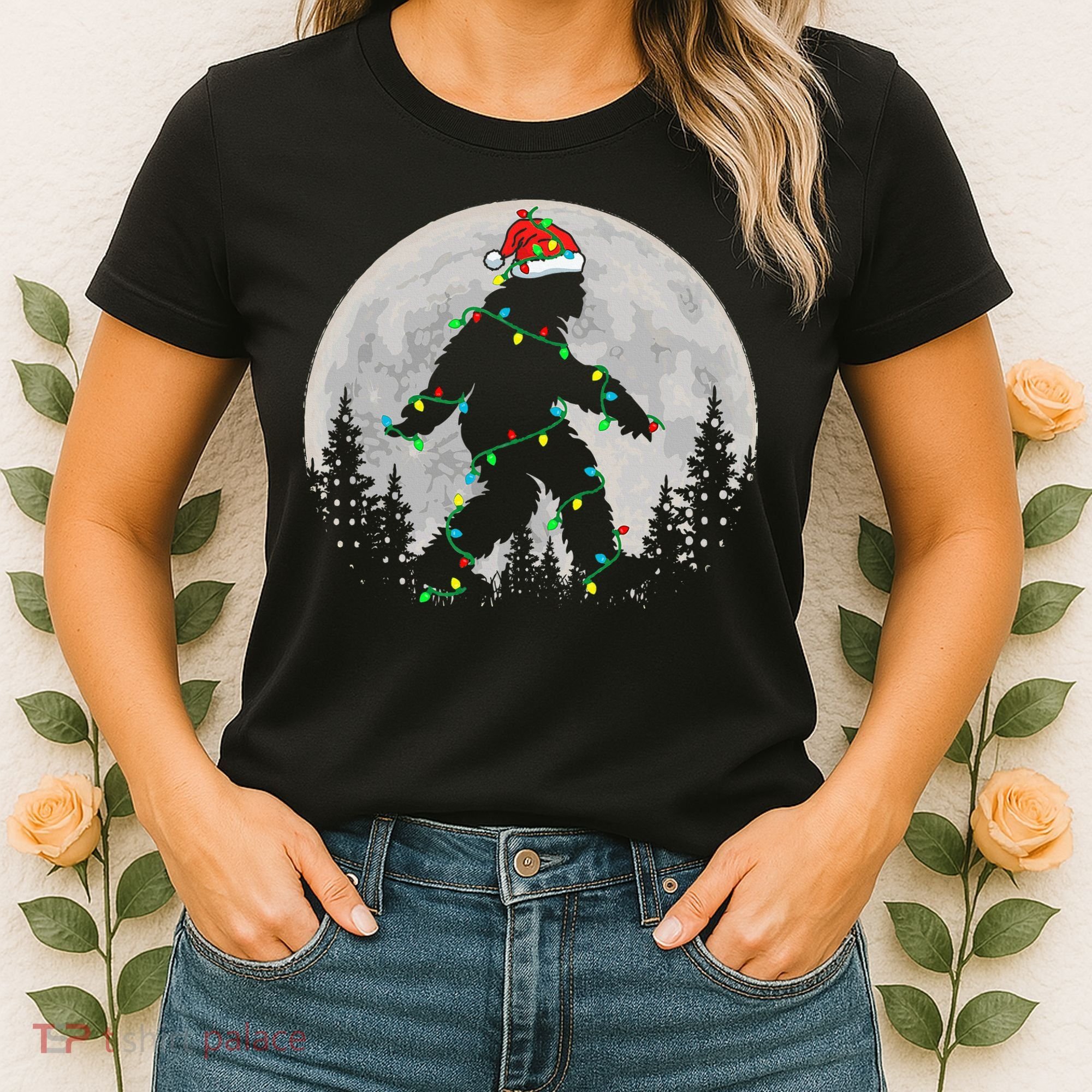Bigfoot Santa Christmas Tree Lights Xmas Sasquatch Women's T-Shirt