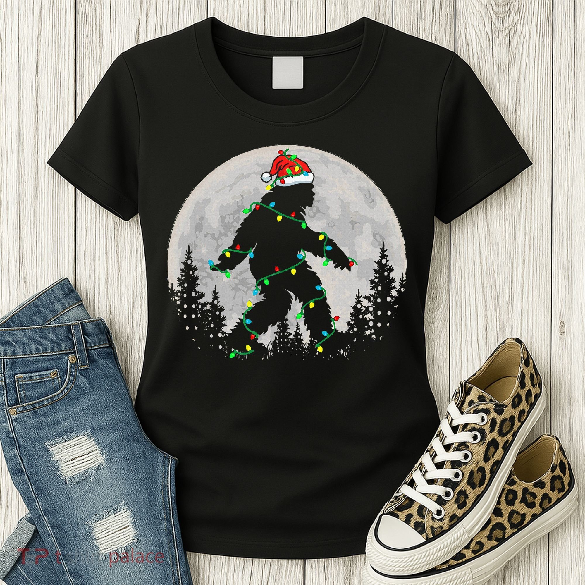 Bigfoot Santa Christmas Tree Lights Xmas Sasquatch Women's T-Shirt