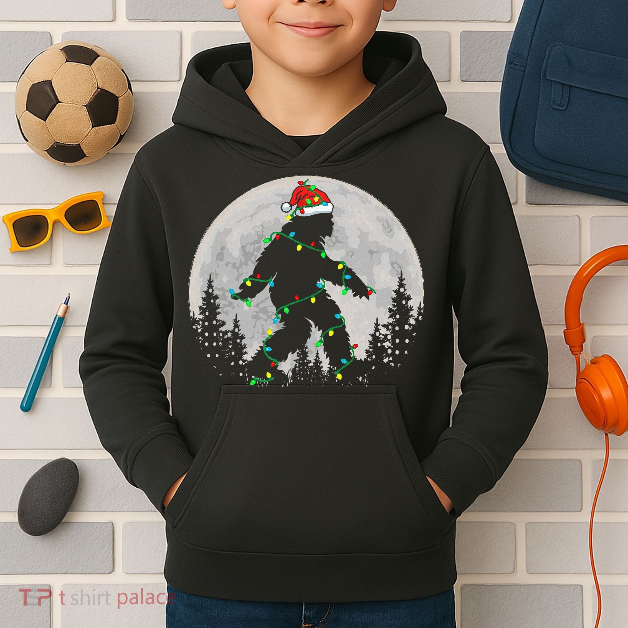 Bigfoot Santa Christmas Tree Lights Xmas Sasquatch Kids Hoodie