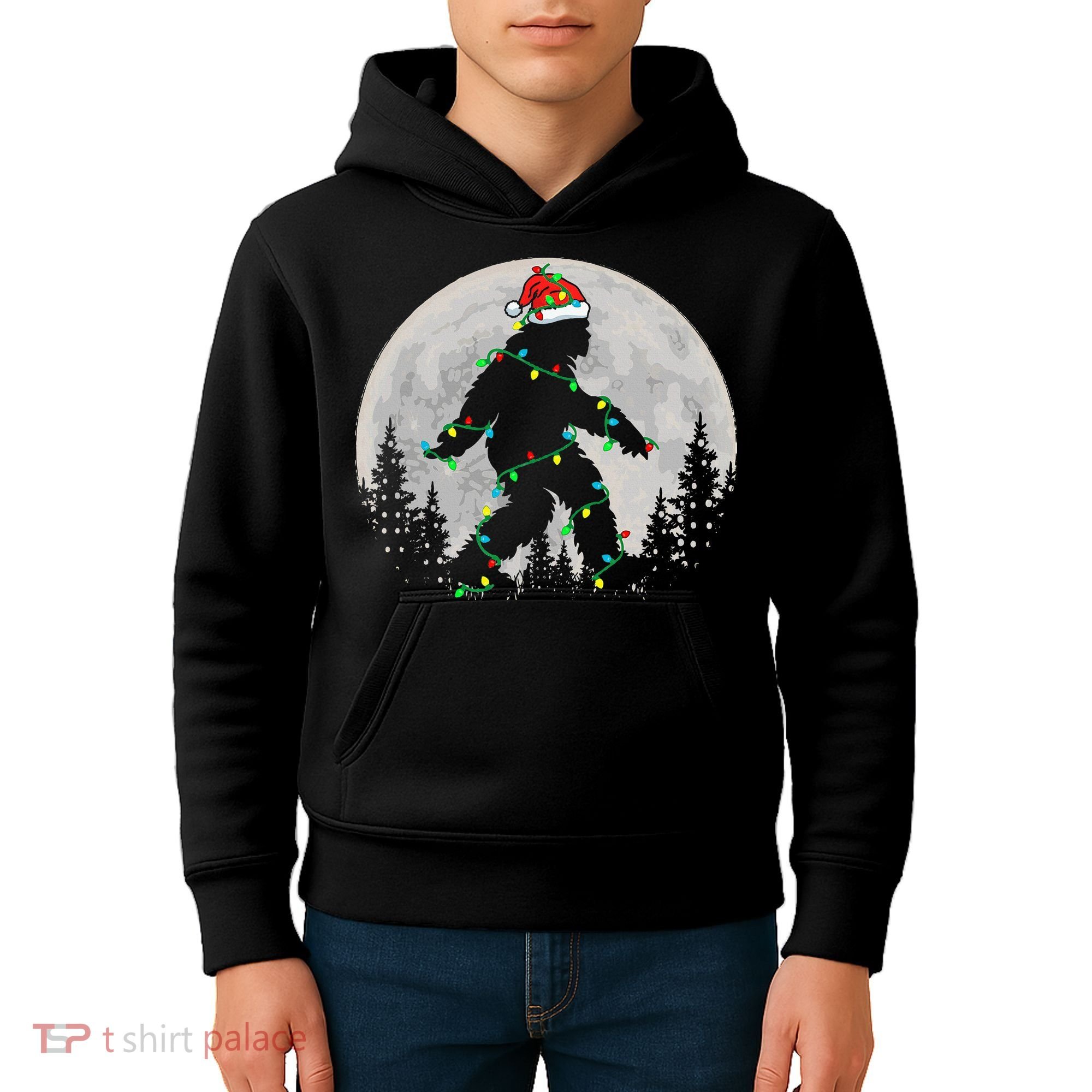 Bigfoot Santa Christmas Tree Lights Xmas Sasquatch Kids Hoodie