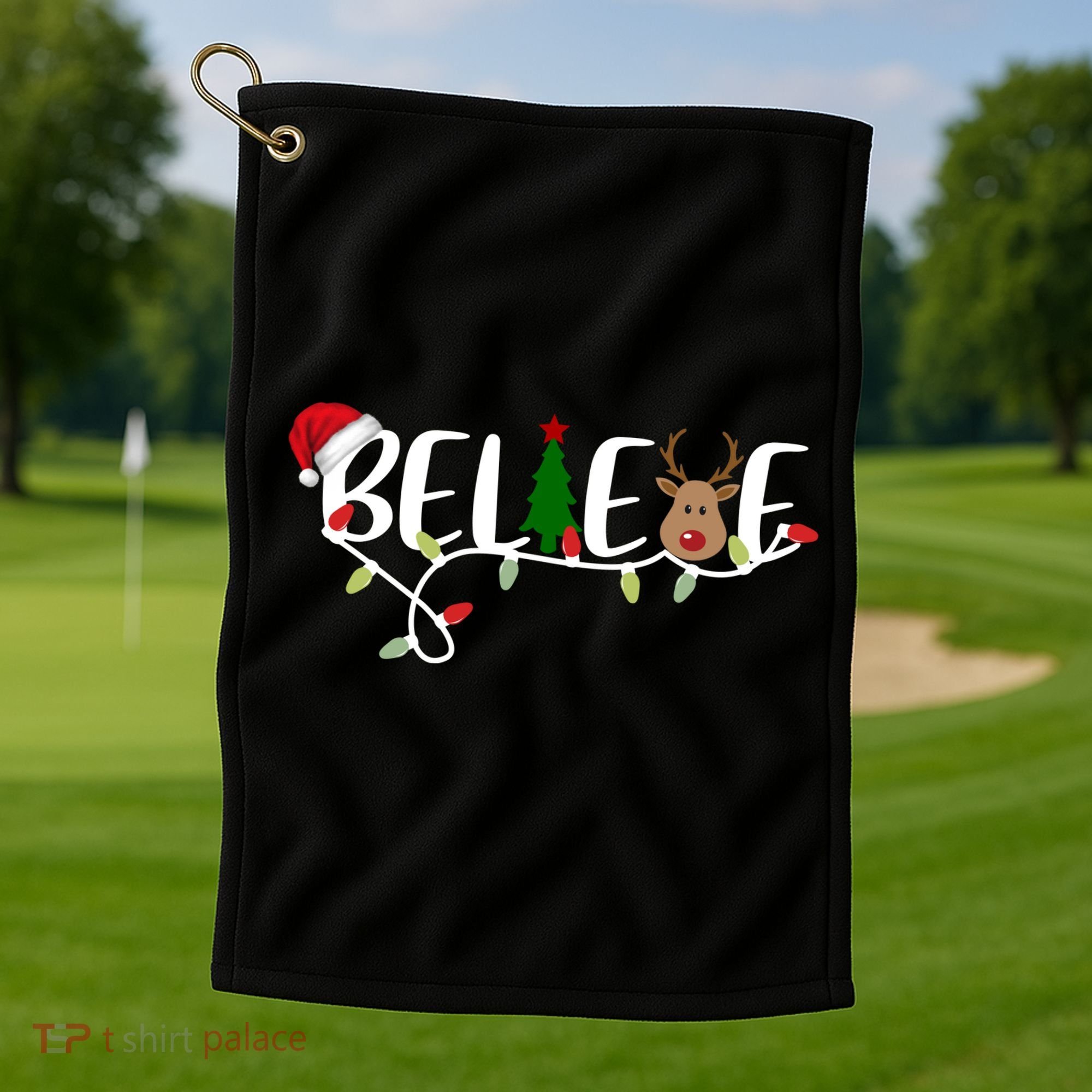 Believe Santa Claus Reindeer Christmas Festive Golf Towel