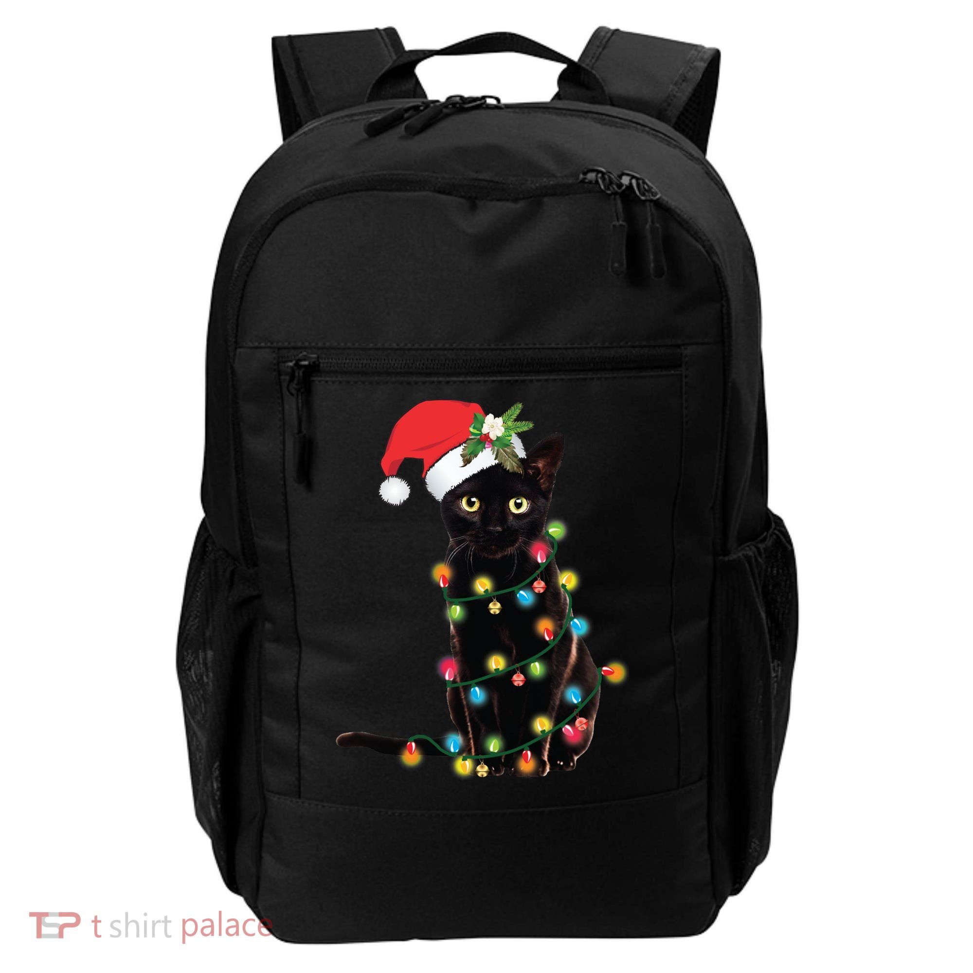 Black Santa Cat Tangled Up In Lights Christmas Santa Backpack