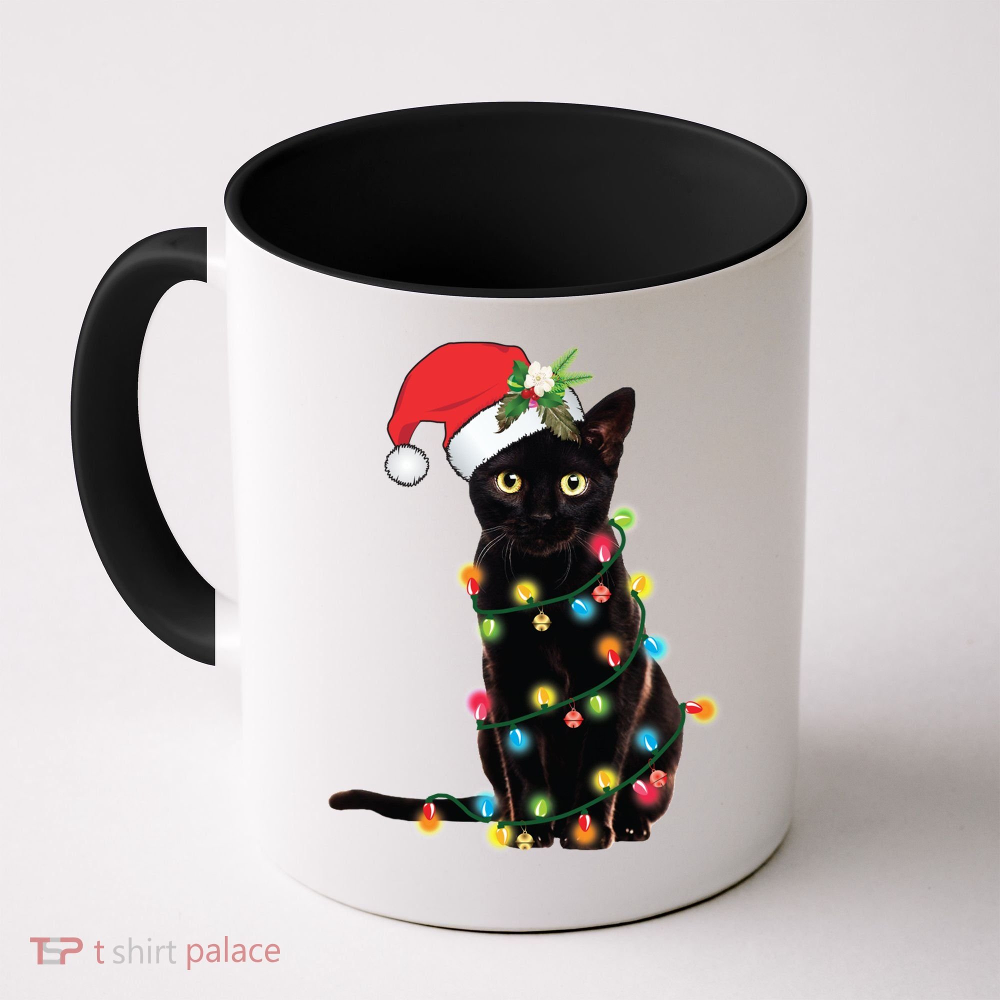 Black Santa Cat Tangled Up In Lights Christmas Santa Coffee Mug