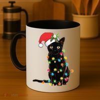 Black Santa Cat Tangled Up In Lights Christmas Santa Coffee Mug thumb 4