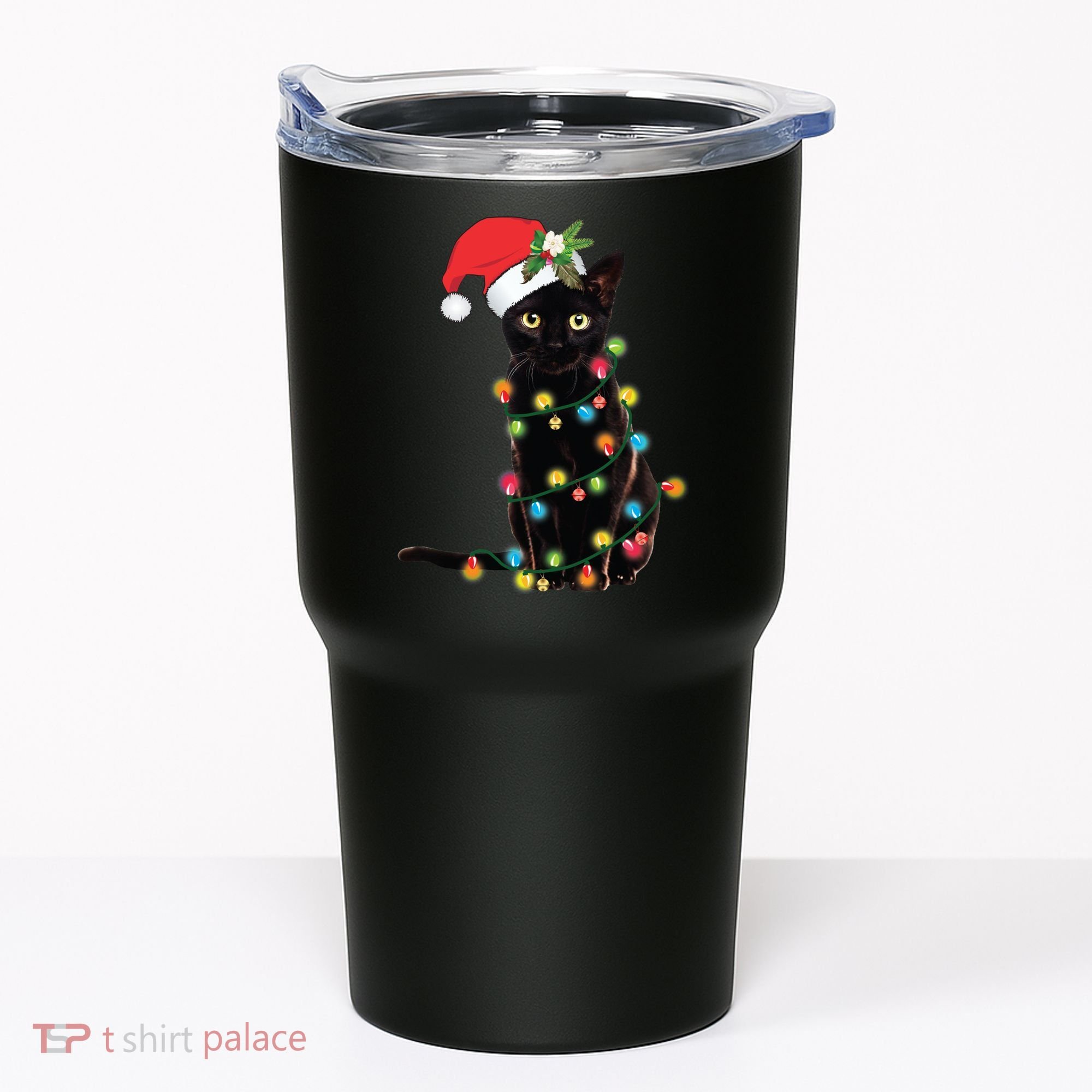 Black Santa Cat Tangled Up In Lights Christmas Santa Tumbler