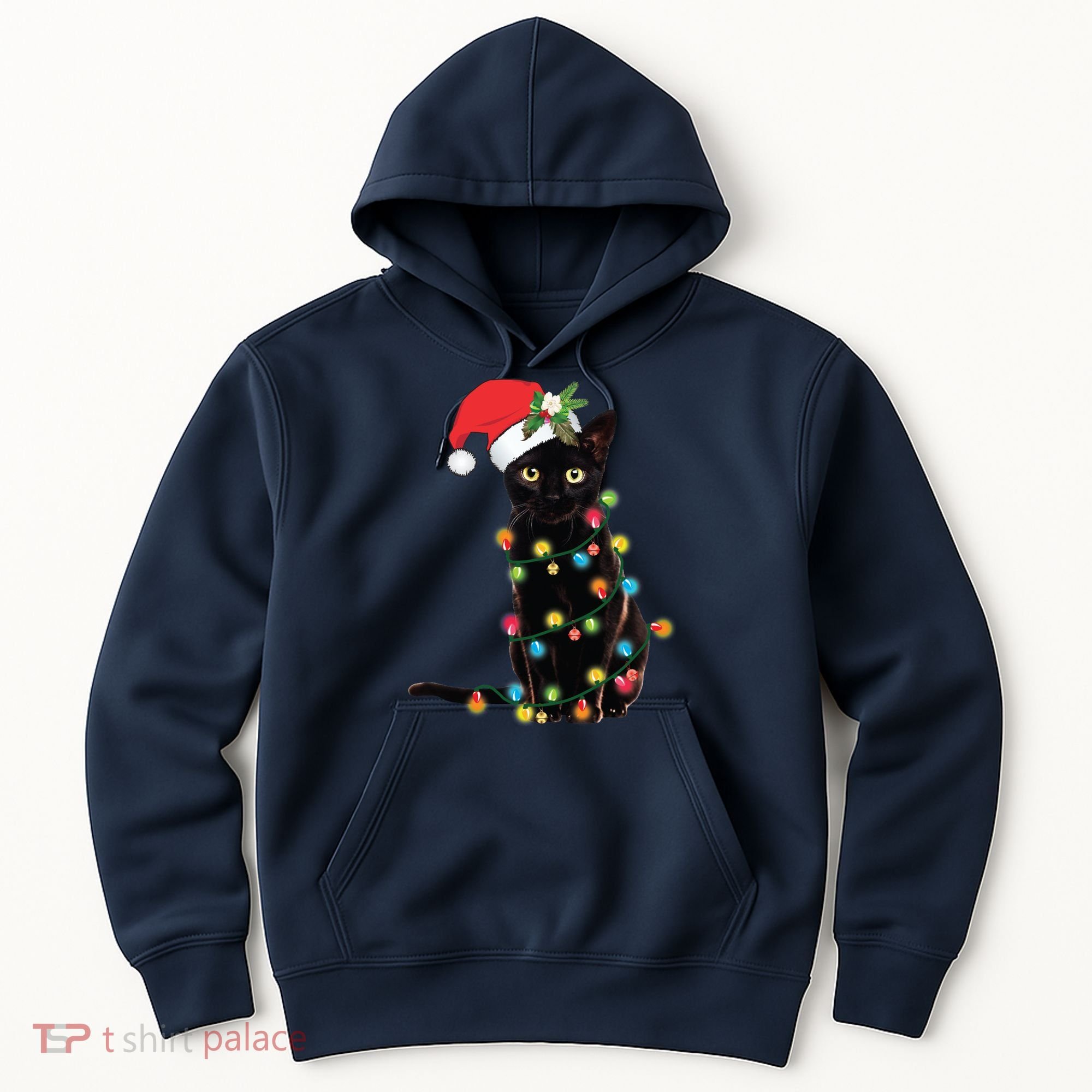 Black Santa Cat Tangled Up In Lights Christmas Santa Hoodie