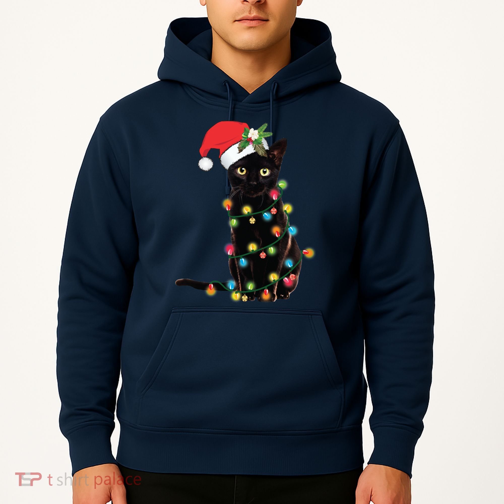 Black Santa Cat Tangled Up In Lights Christmas Santa Hoodie