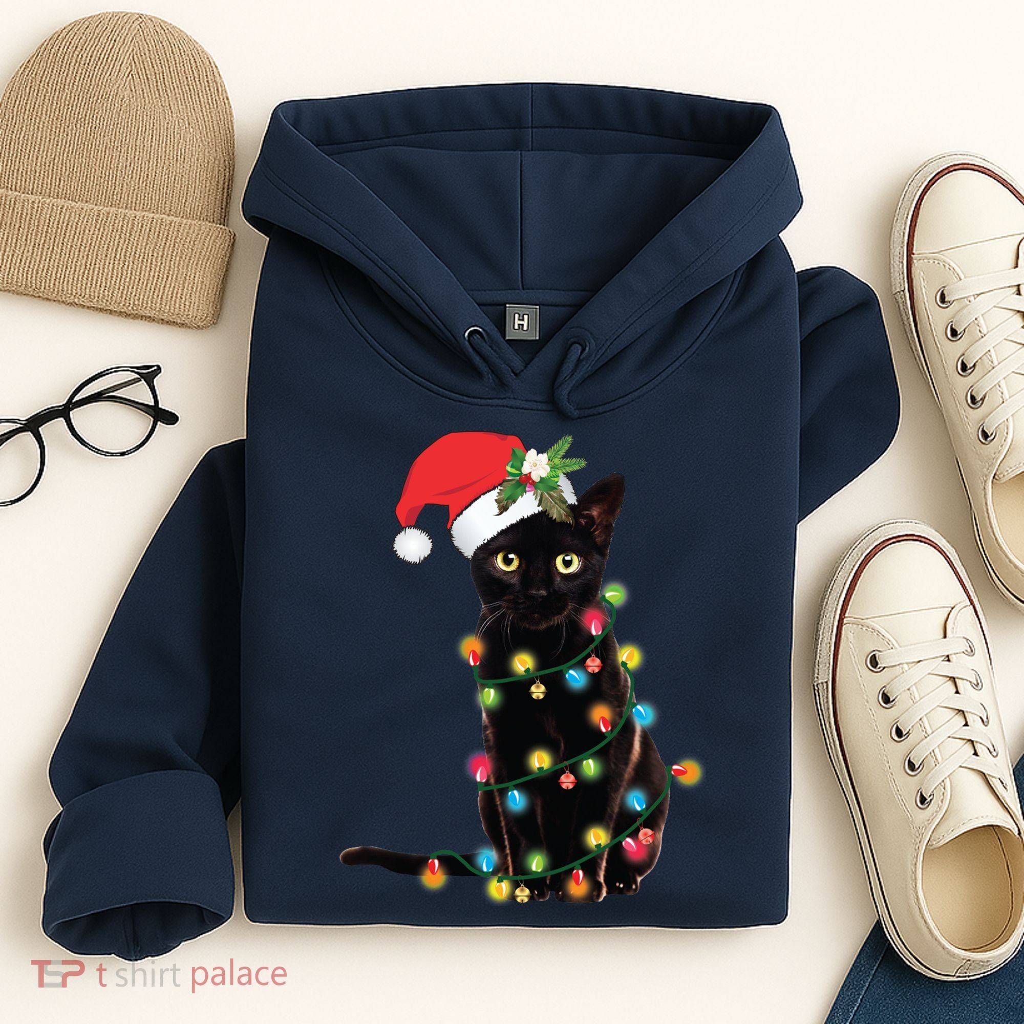 Black Santa Cat Tangled Up In Lights Christmas Santa Hoodie