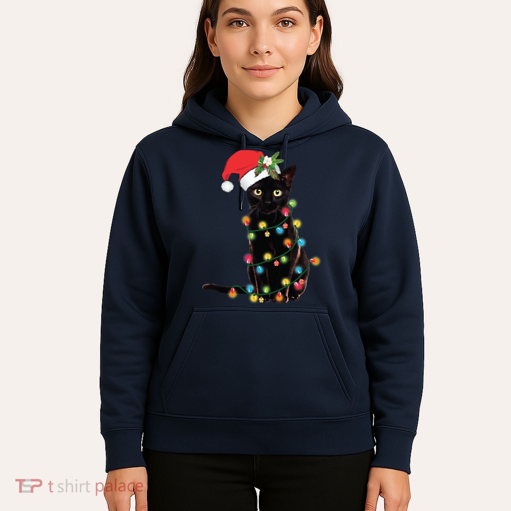 Black Santa Cat Tangled Up In Lights Christmas Santa Hoodie