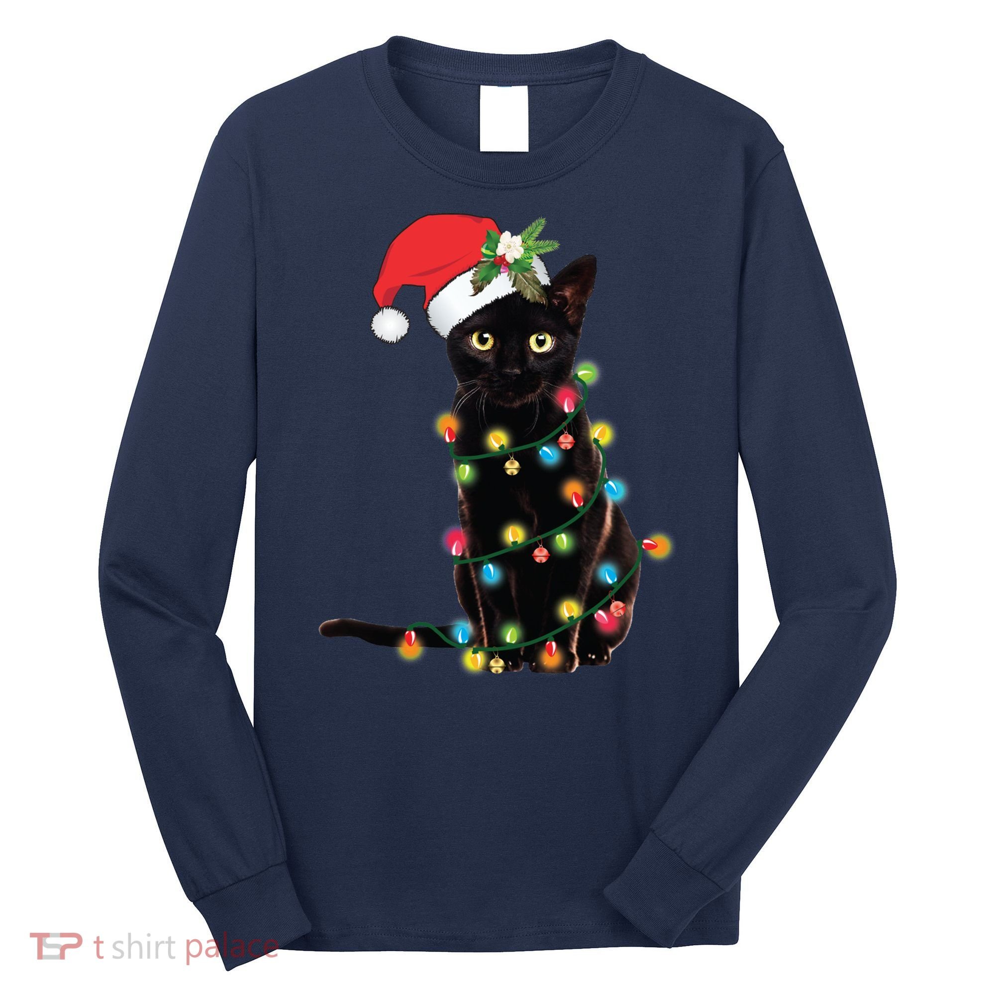 Black Santa Cat Tangled Up In Lights Christmas Santa Long Sleeve Shirt