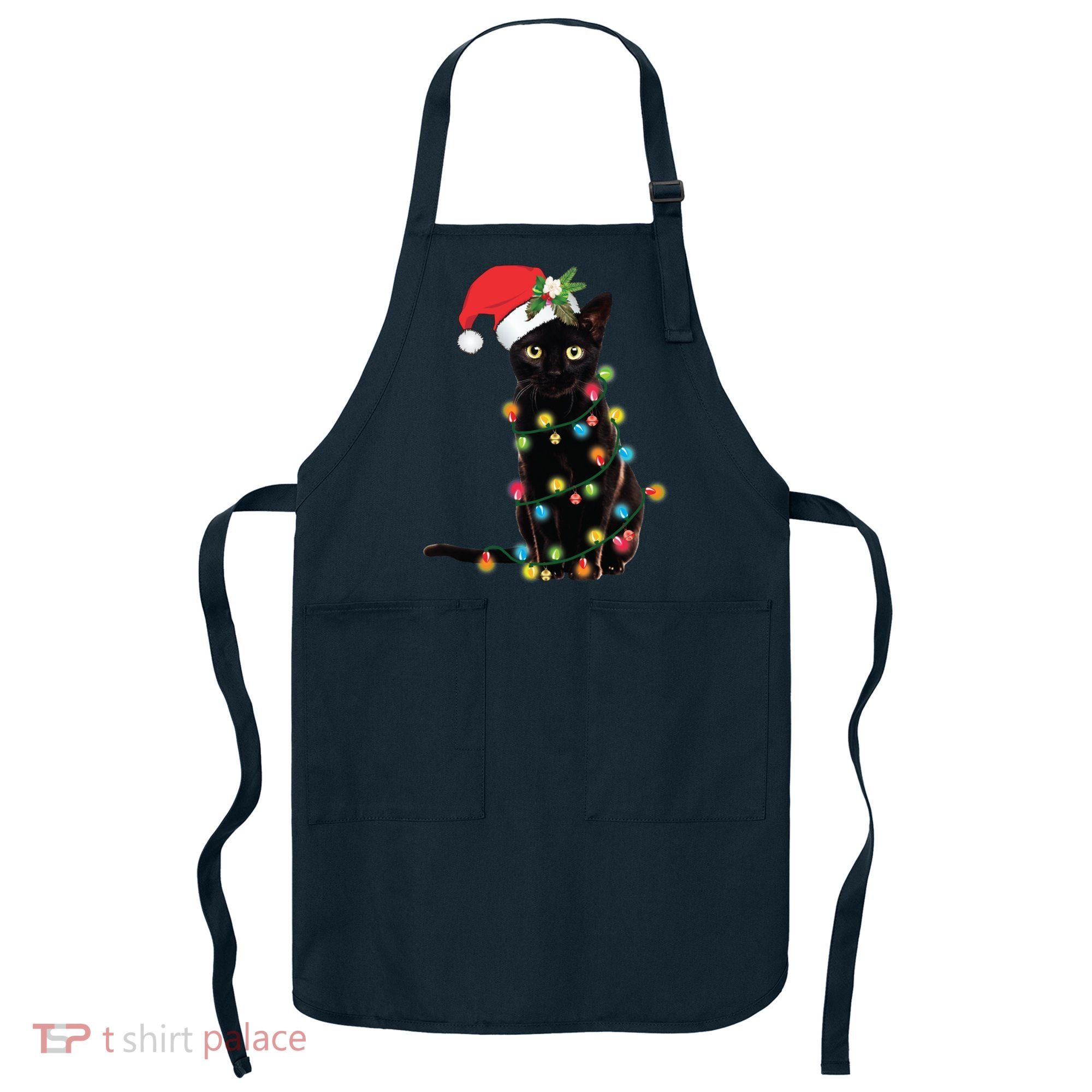 Black Santa Cat Tangled Up In Lights Christmas Santa Apron