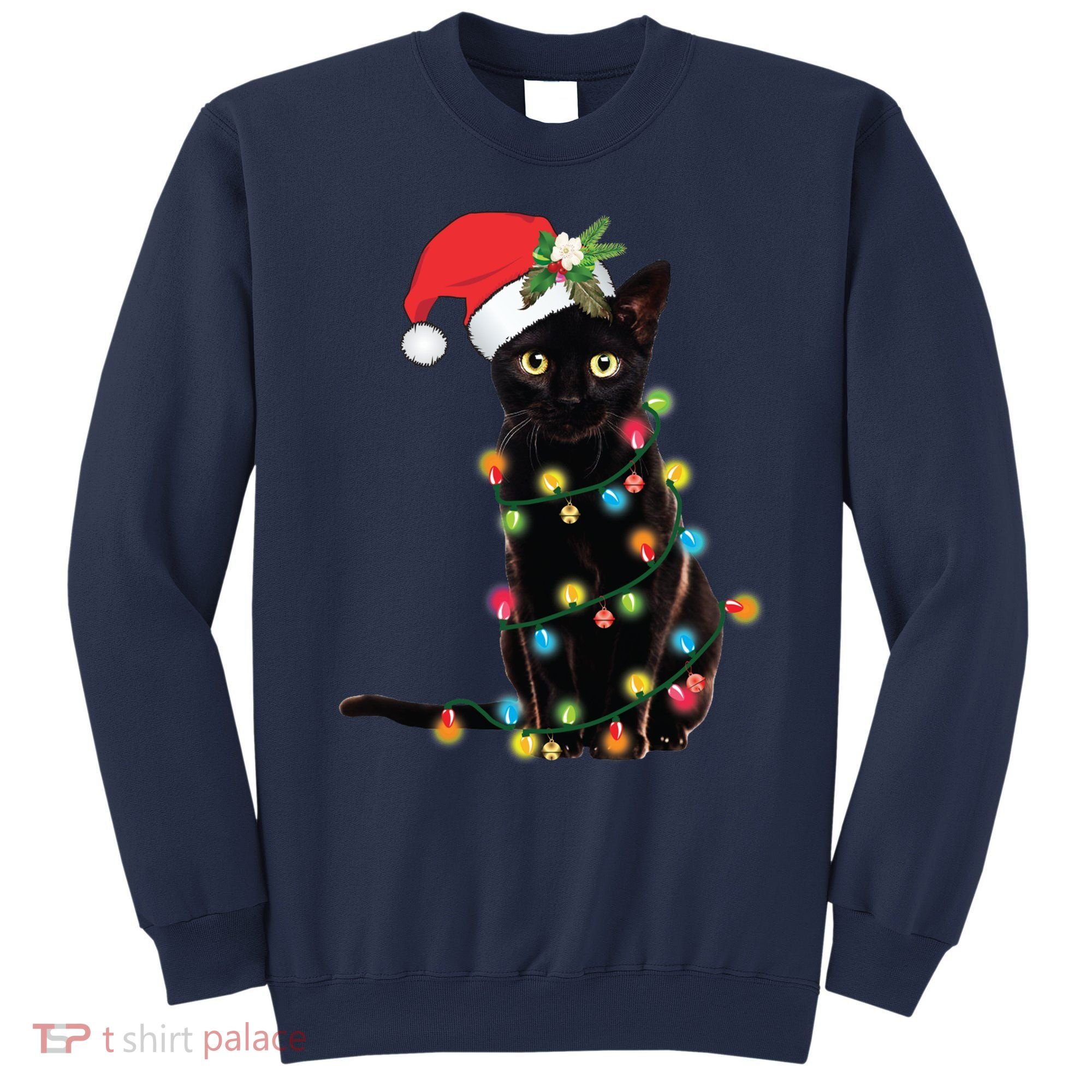 Black Santa Cat Tangled Up In Lights Christmas Santa Sweatshirt