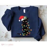 Black Santa Cat Tangled Up In Lights Christmas Santa Sweatshirt thumb 2