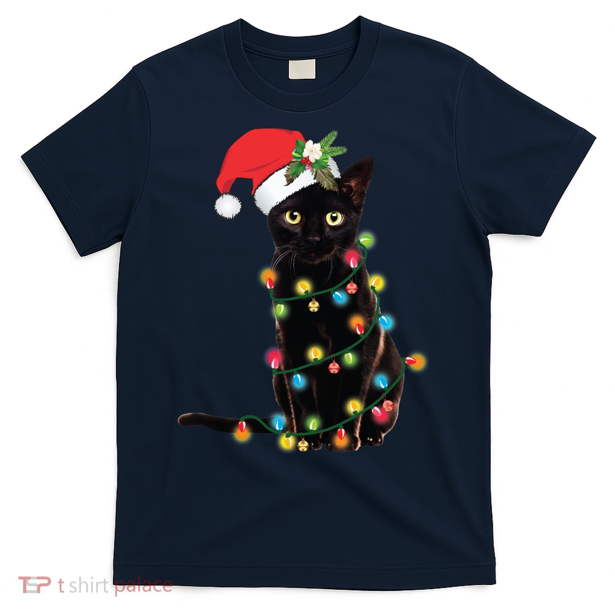 Black Santa Cat Tangled Up In Lights Christmas Santa T-Shirt