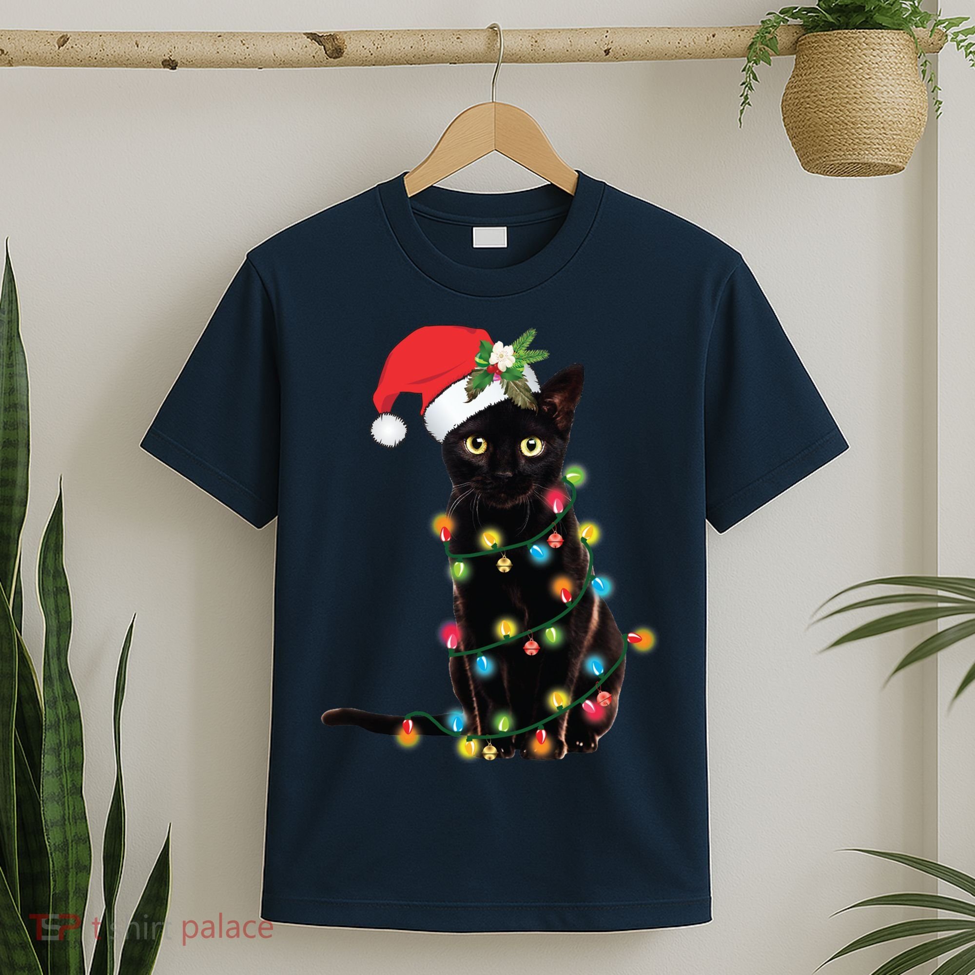 Black Santa Cat Tangled Up In Lights Christmas Santa T-Shirt