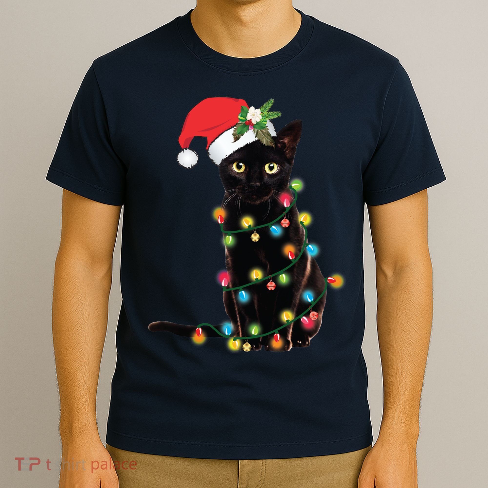 Black Santa Cat Tangled Up In Lights Christmas Santa T-Shirt