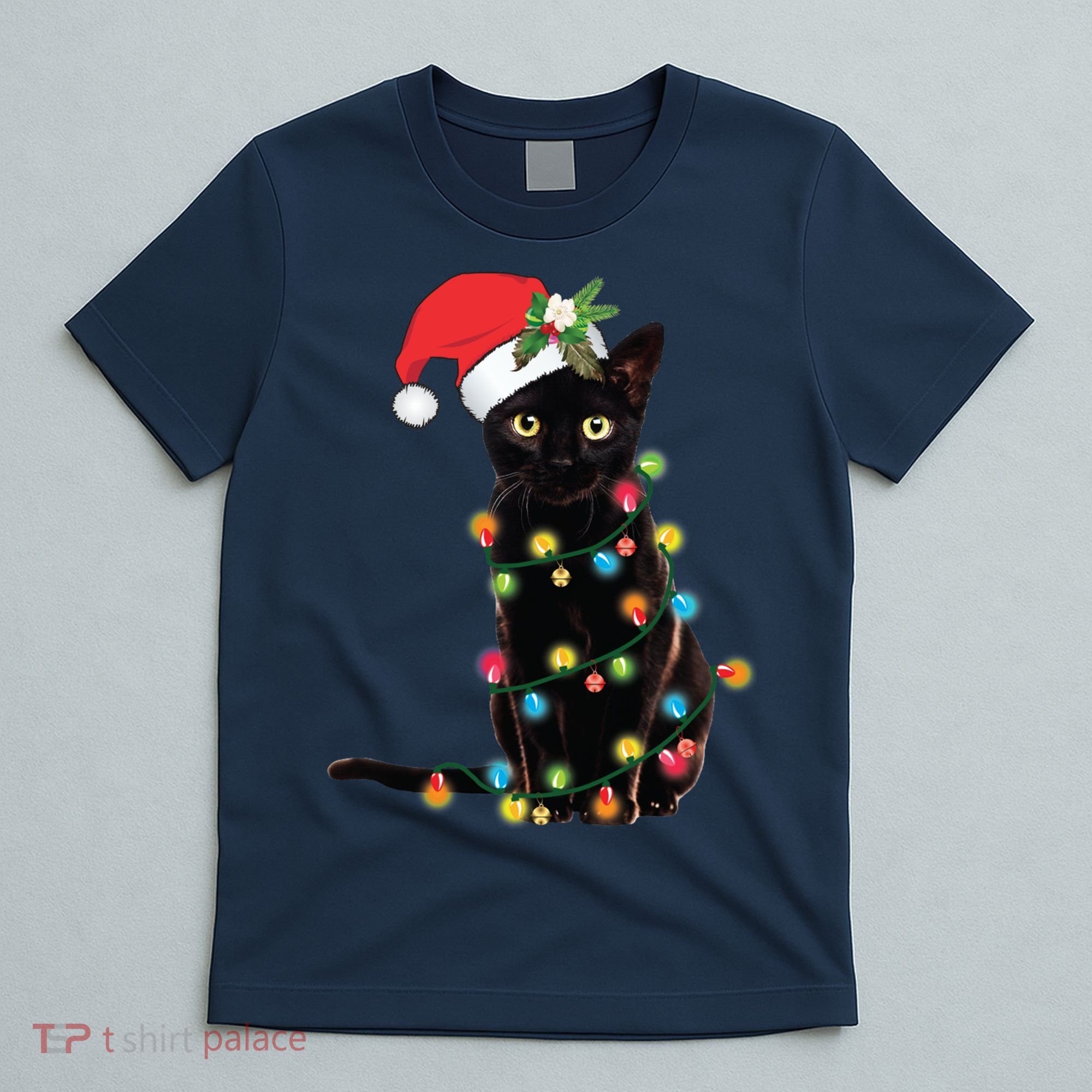 Black Santa Cat Tangled Up In Lights Christmas Santa T-Shirt