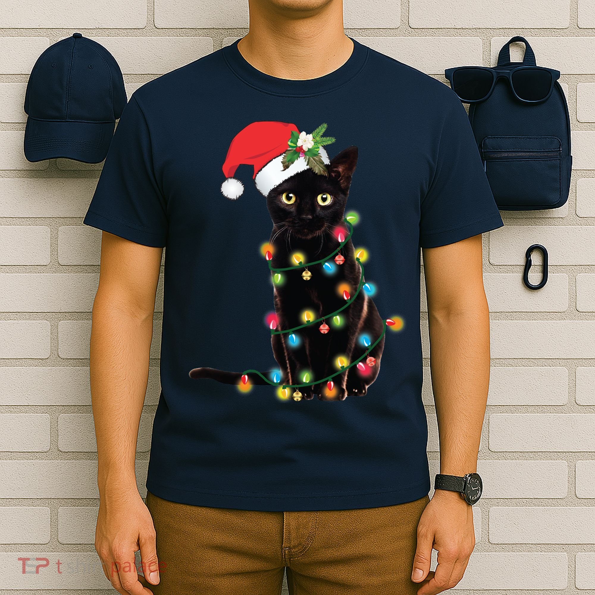 Black Santa Cat Tangled Up In Lights Christmas Santa T-Shirt