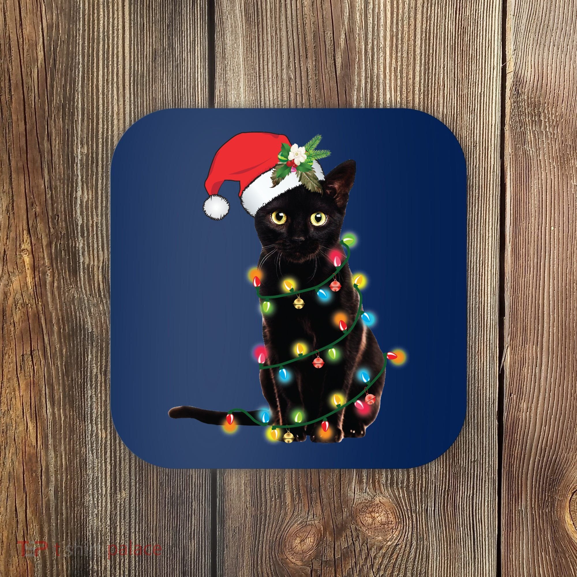 Black Santa Cat Tangled Up In Lights Christmas Santa Coaster