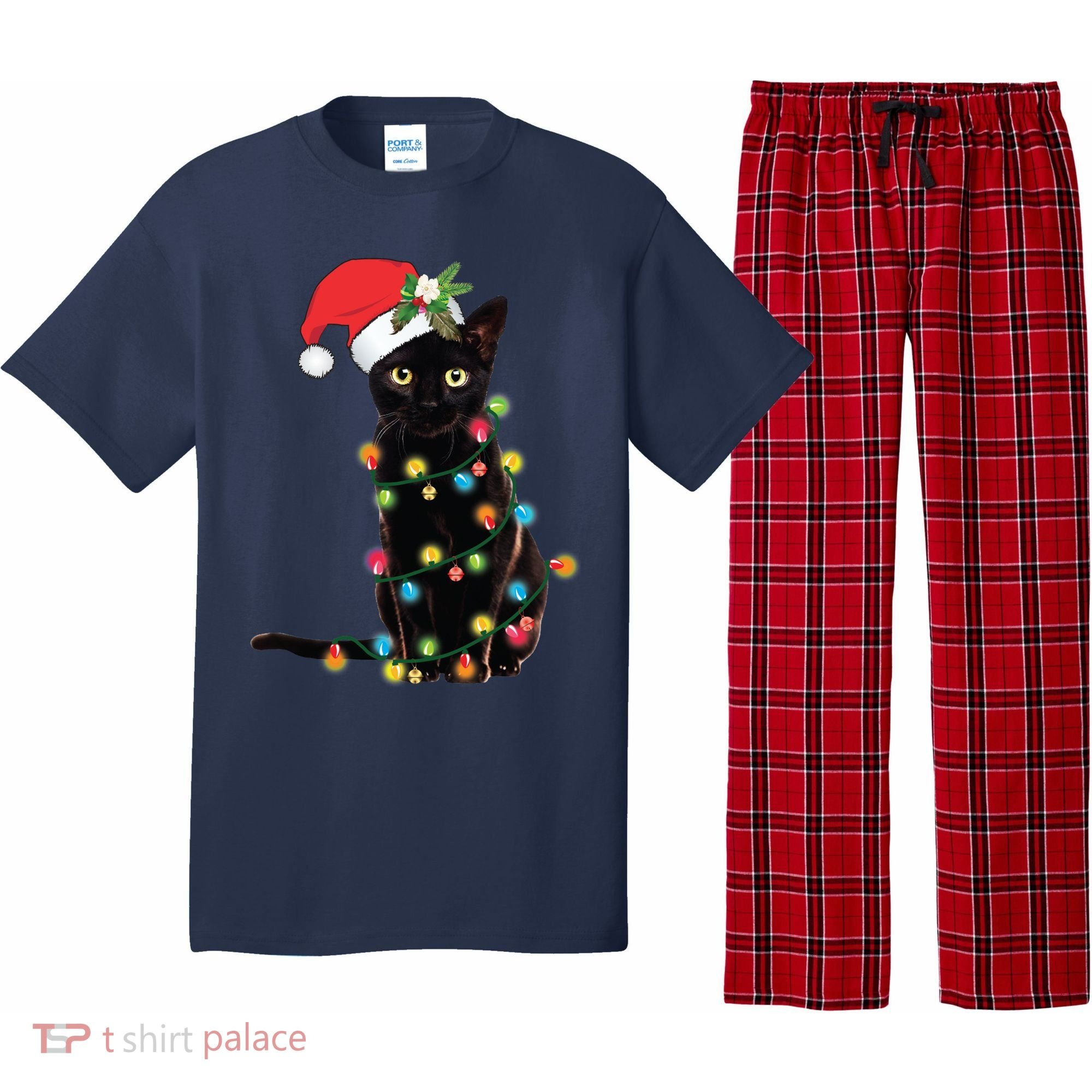 Black Santa Cat Tangled Up In Lights Christmas Santa Pajama Set