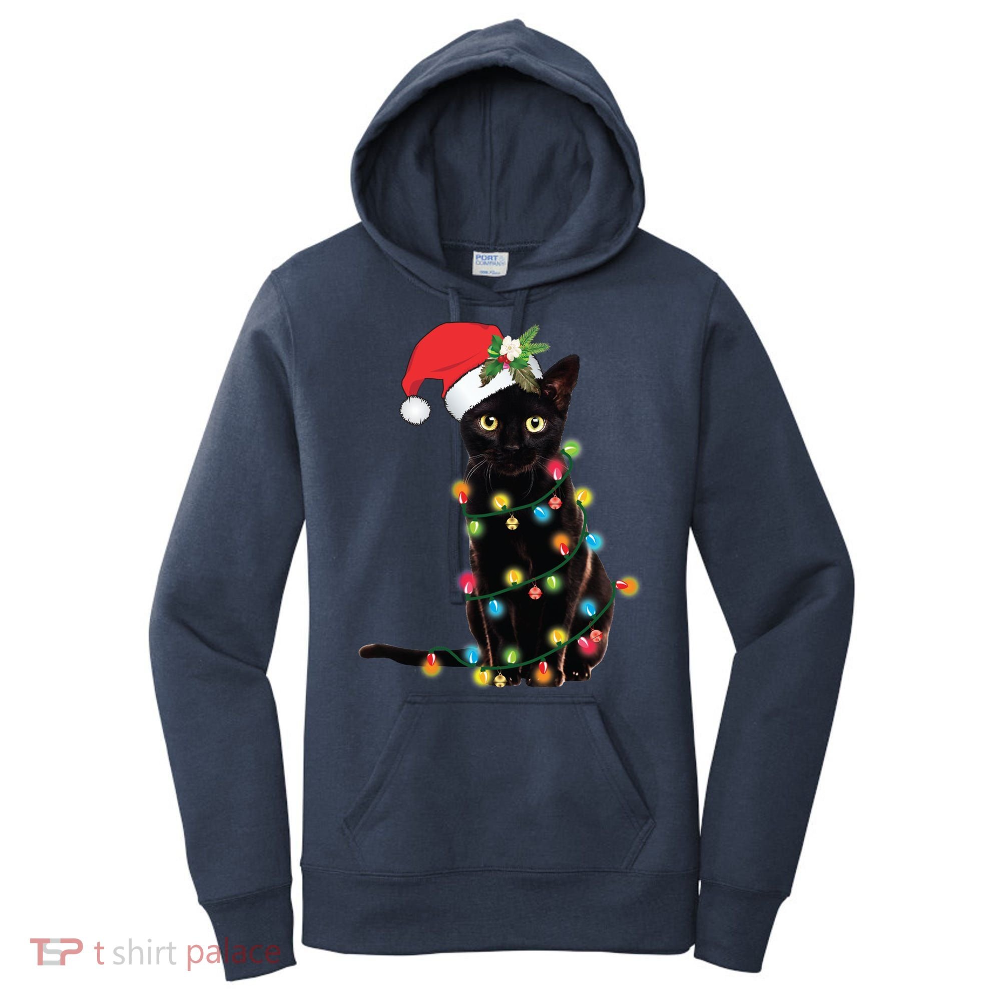 Black Santa Cat Tangled Up In Lights Christmas Santa Women's Hoodie