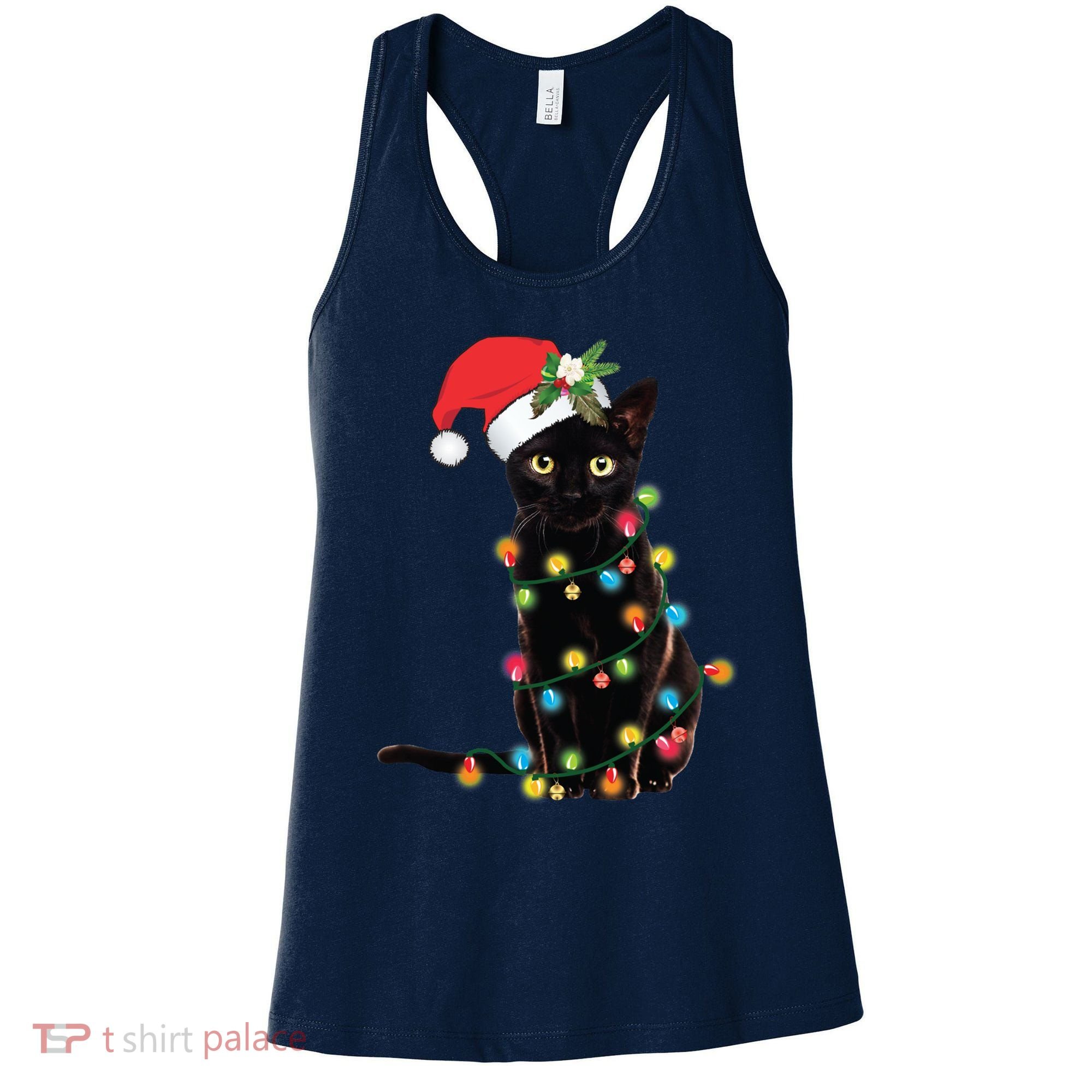 Black Santa Cat Tangled Up In Lights Christmas Santa Women's Tank Top