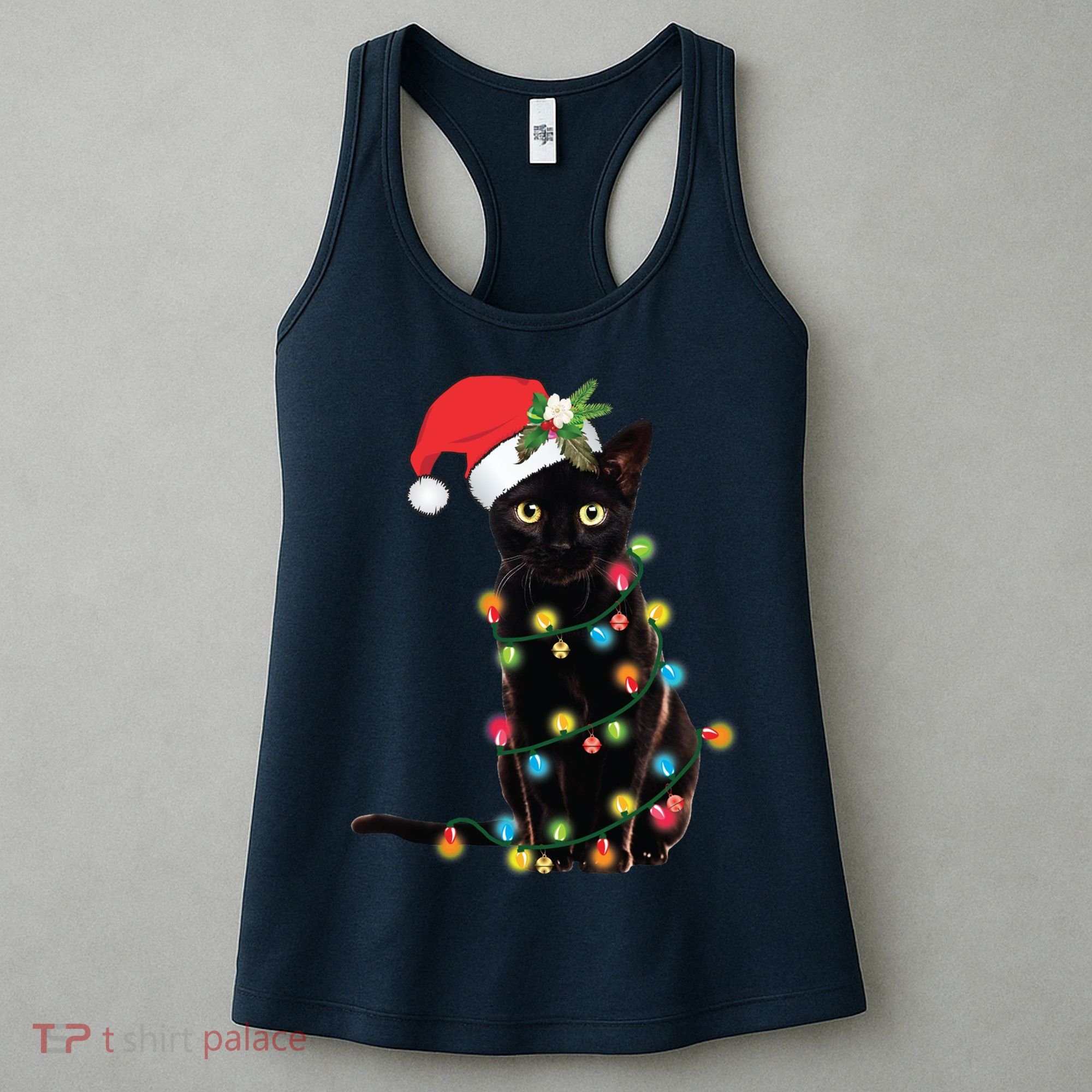 Black Santa Cat Tangled Up In Lights Christmas Santa Women's Tank Top