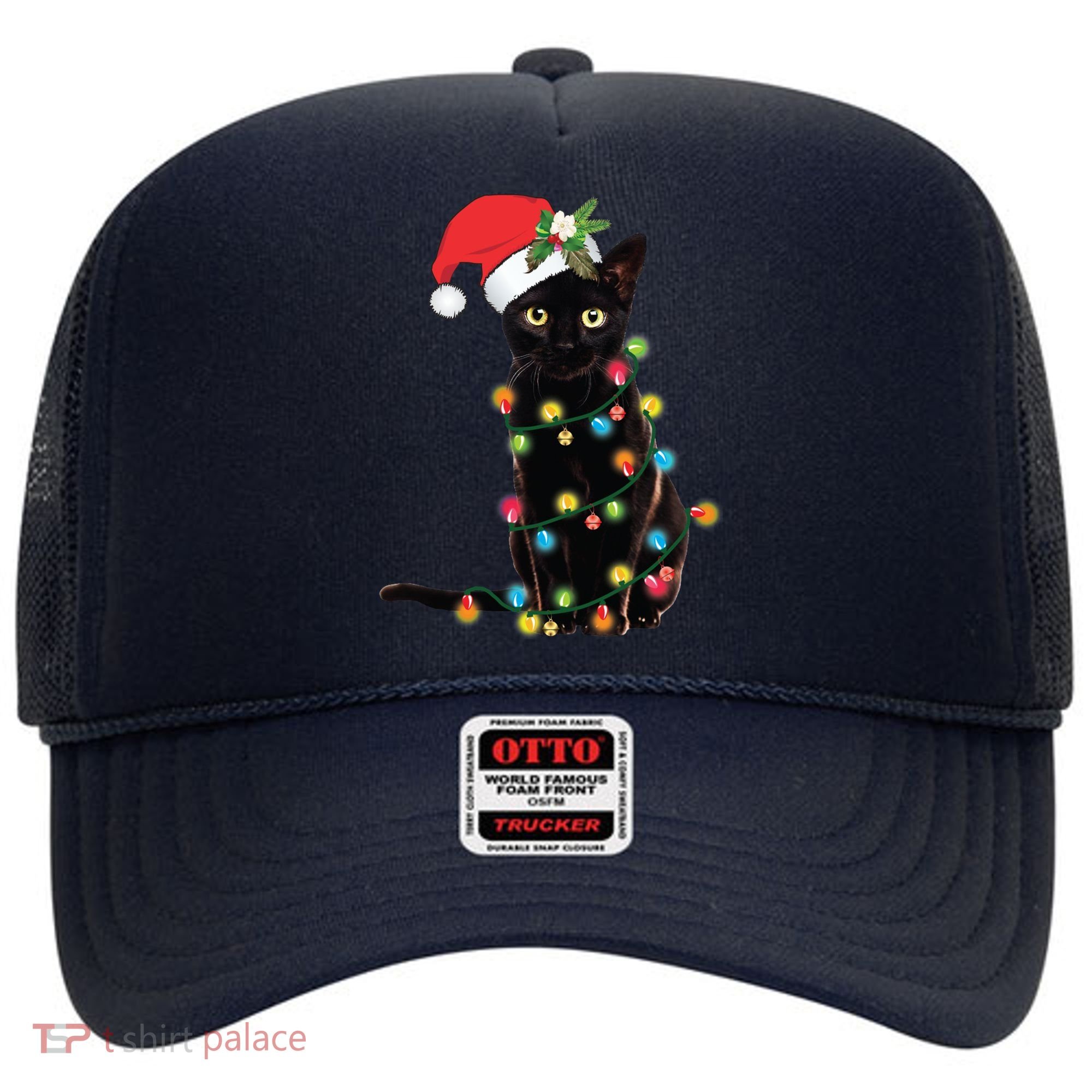 Black Santa Cat Tangled Up In Lights Christmas Santa Hat