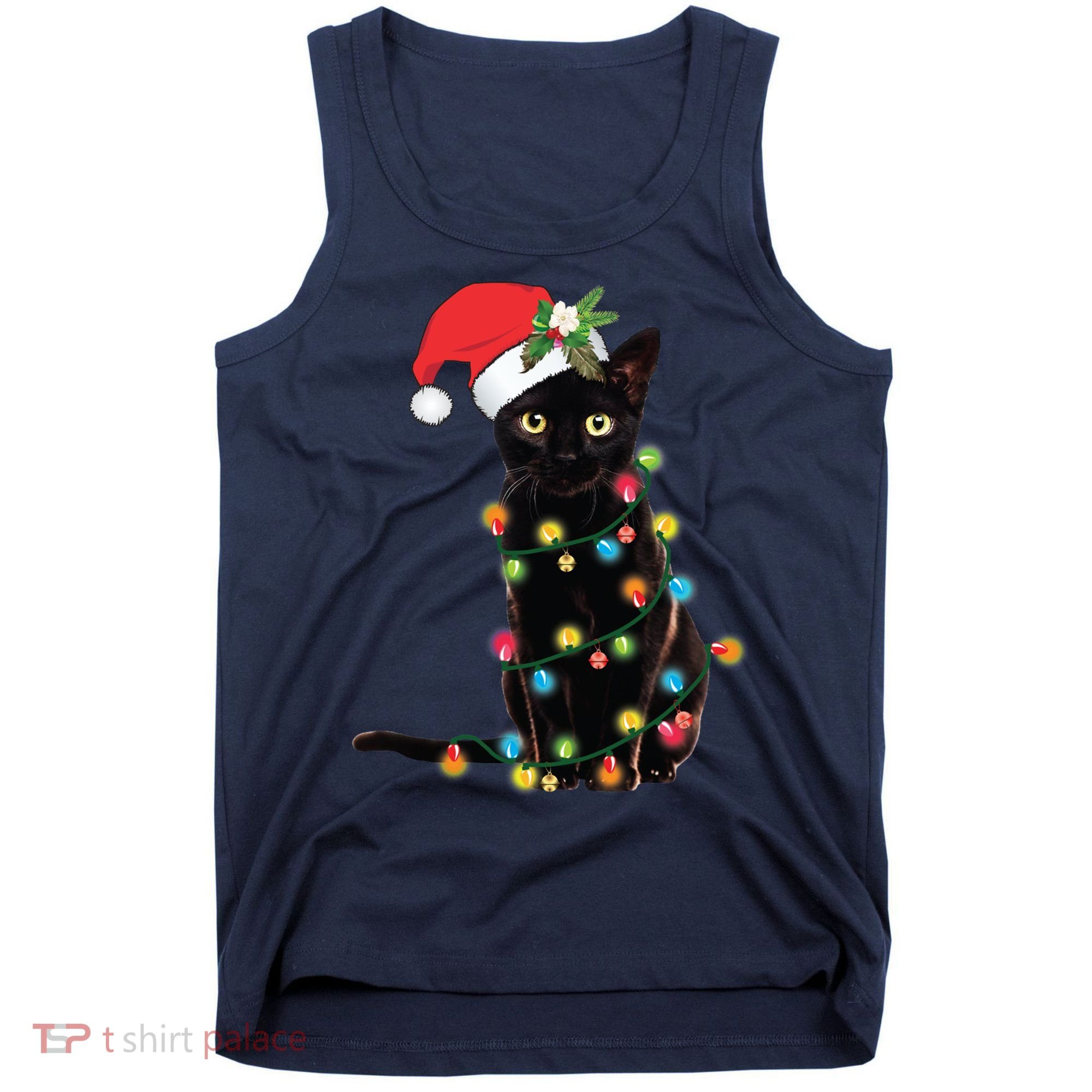 Black Santa Cat Tangled Up In Lights Christmas Santa Tank Top