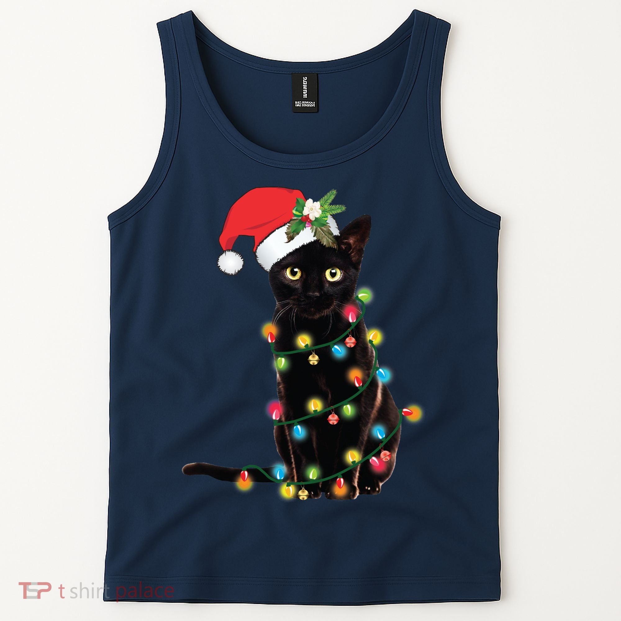 Black Santa Cat Tangled Up In Lights Christmas Santa Tank Top