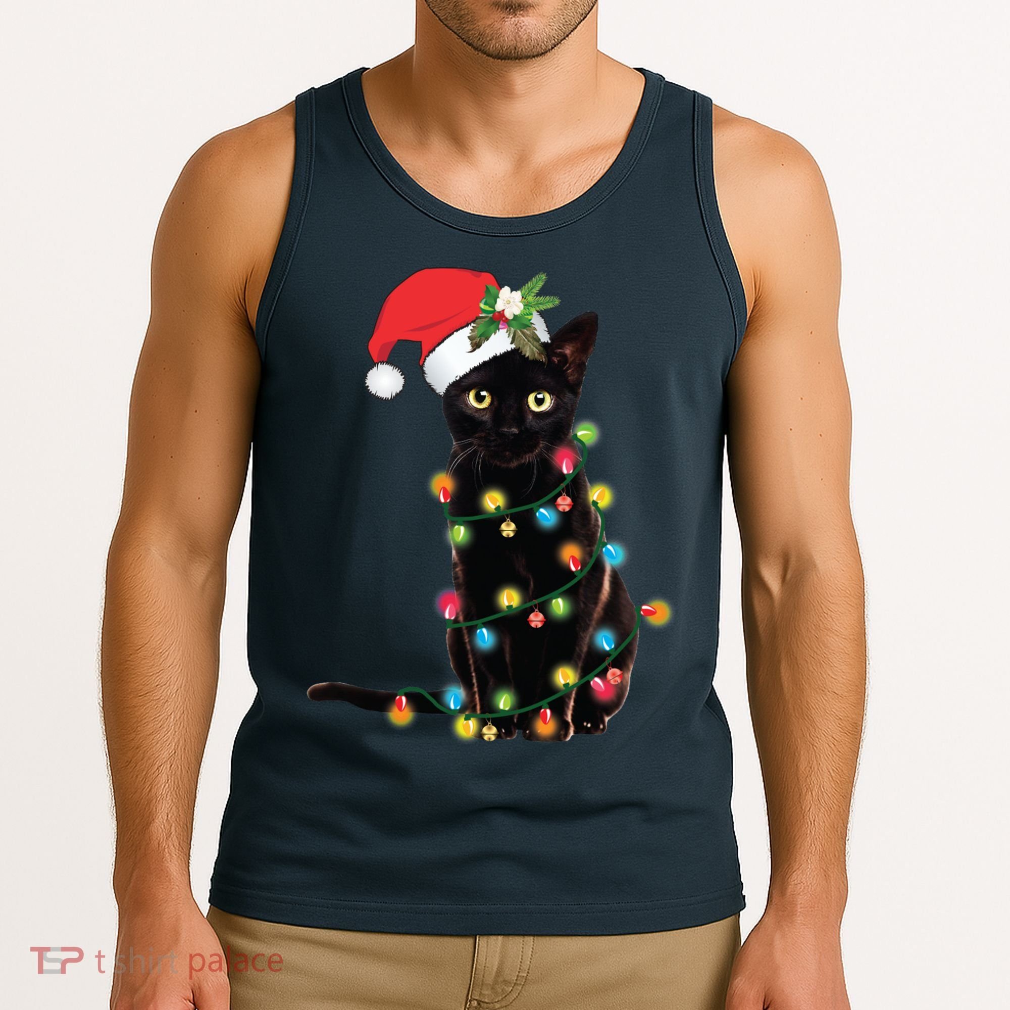 Black Santa Cat Tangled Up In Lights Christmas Santa Tank Top