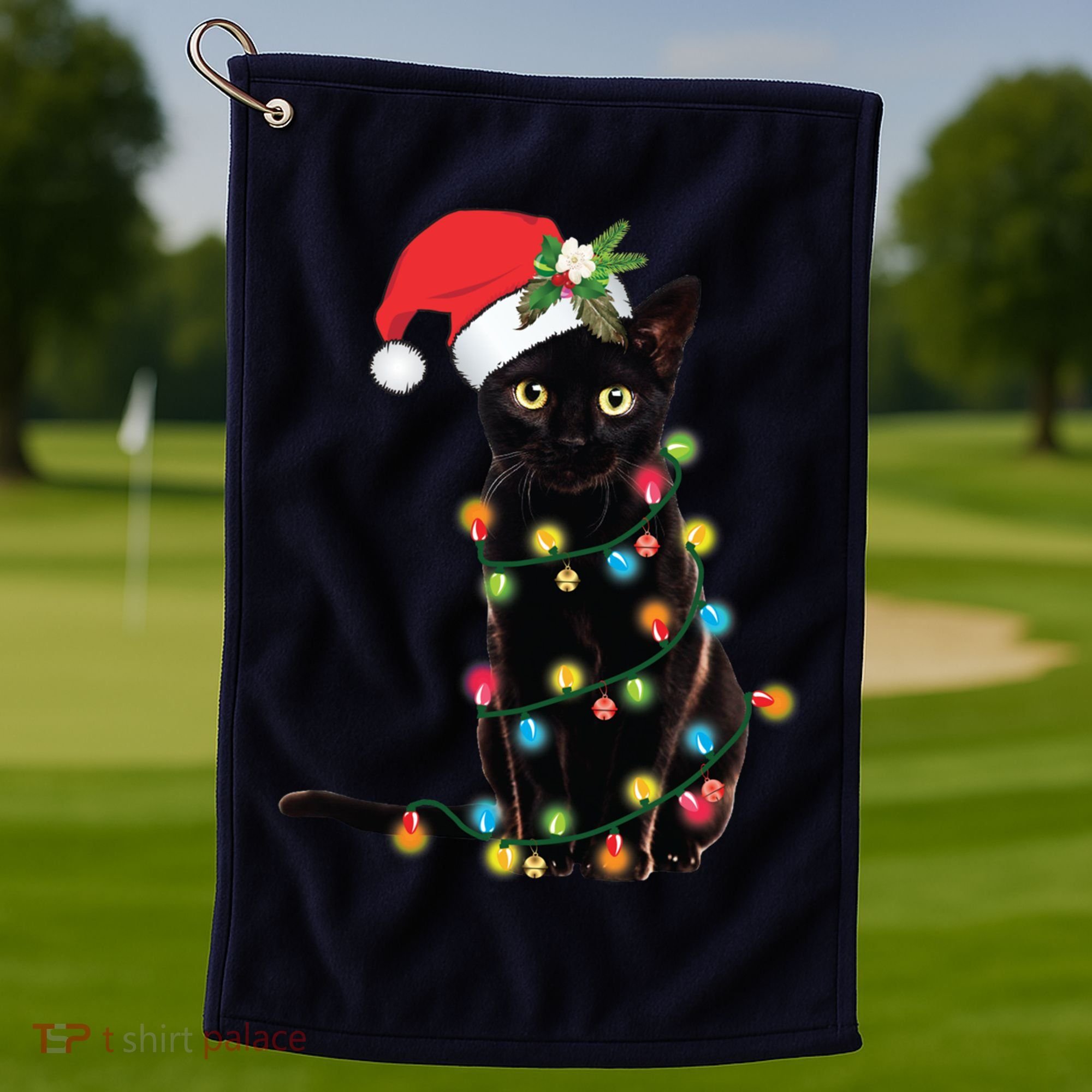 Black Santa Cat Tangled Up In Lights Christmas Santa Golf Towel