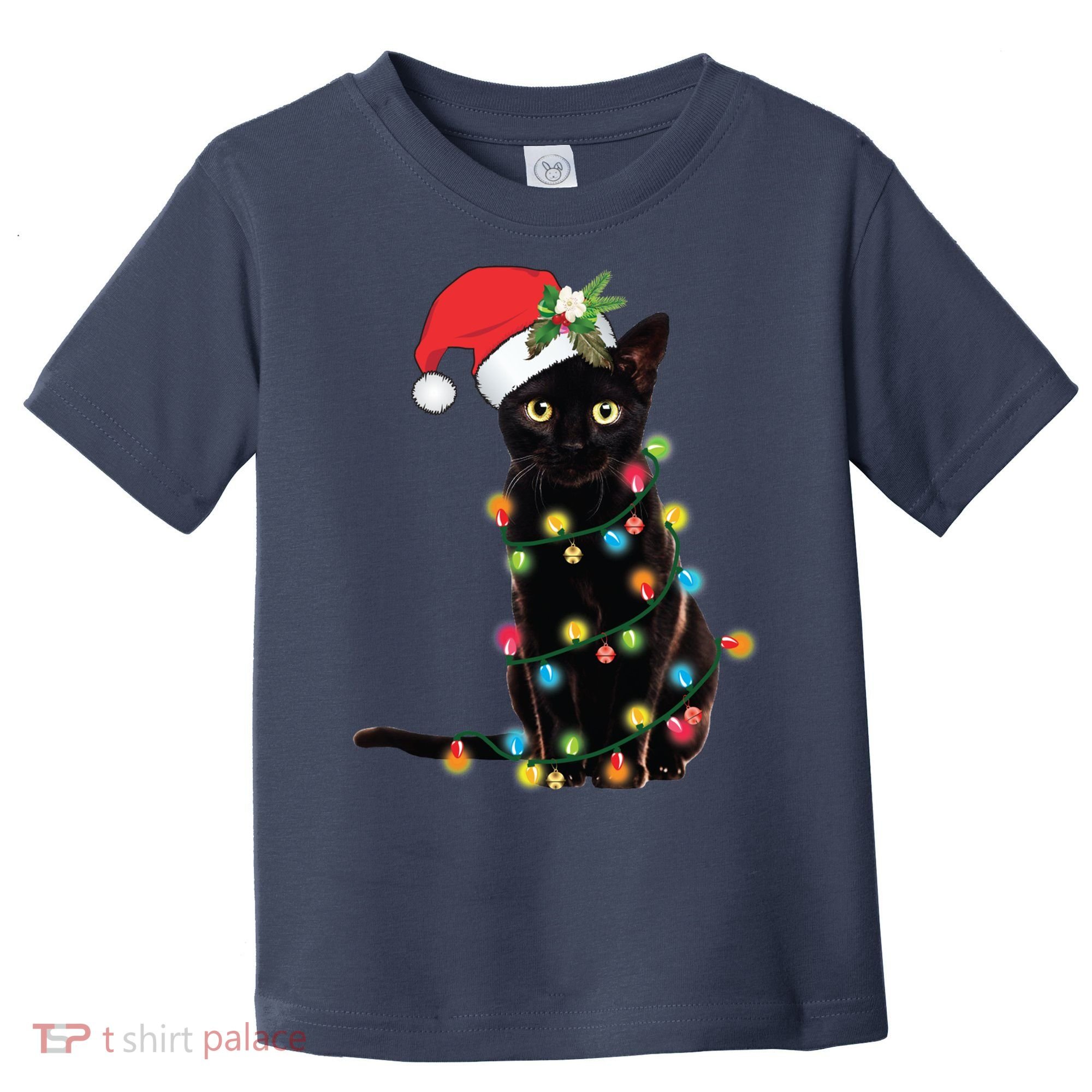 Black Santa Cat Tangled Up In Lights Christmas Santa Toddler T-Shirt