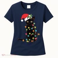 Black Santa Cat Tangled Up In Lights Christmas Santa Women's T-Shirt thumb 0
