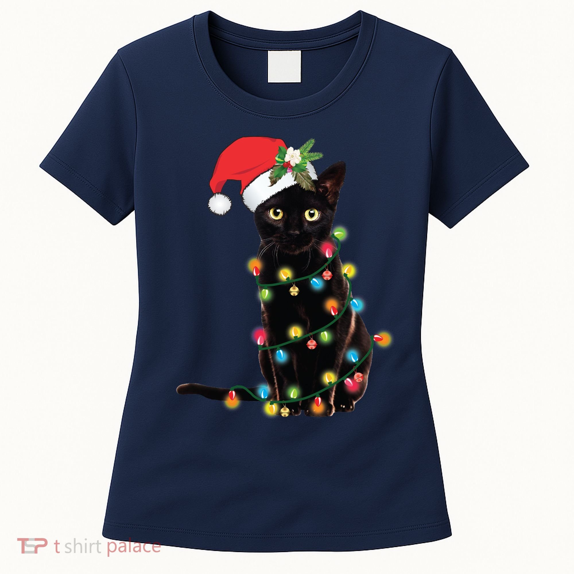 Black Santa Cat Tangled Up In Lights Christmas Santa Women's T-Shirt