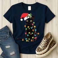 Black Santa Cat Tangled Up In Lights Christmas Santa Women's T-Shirt thumb 3