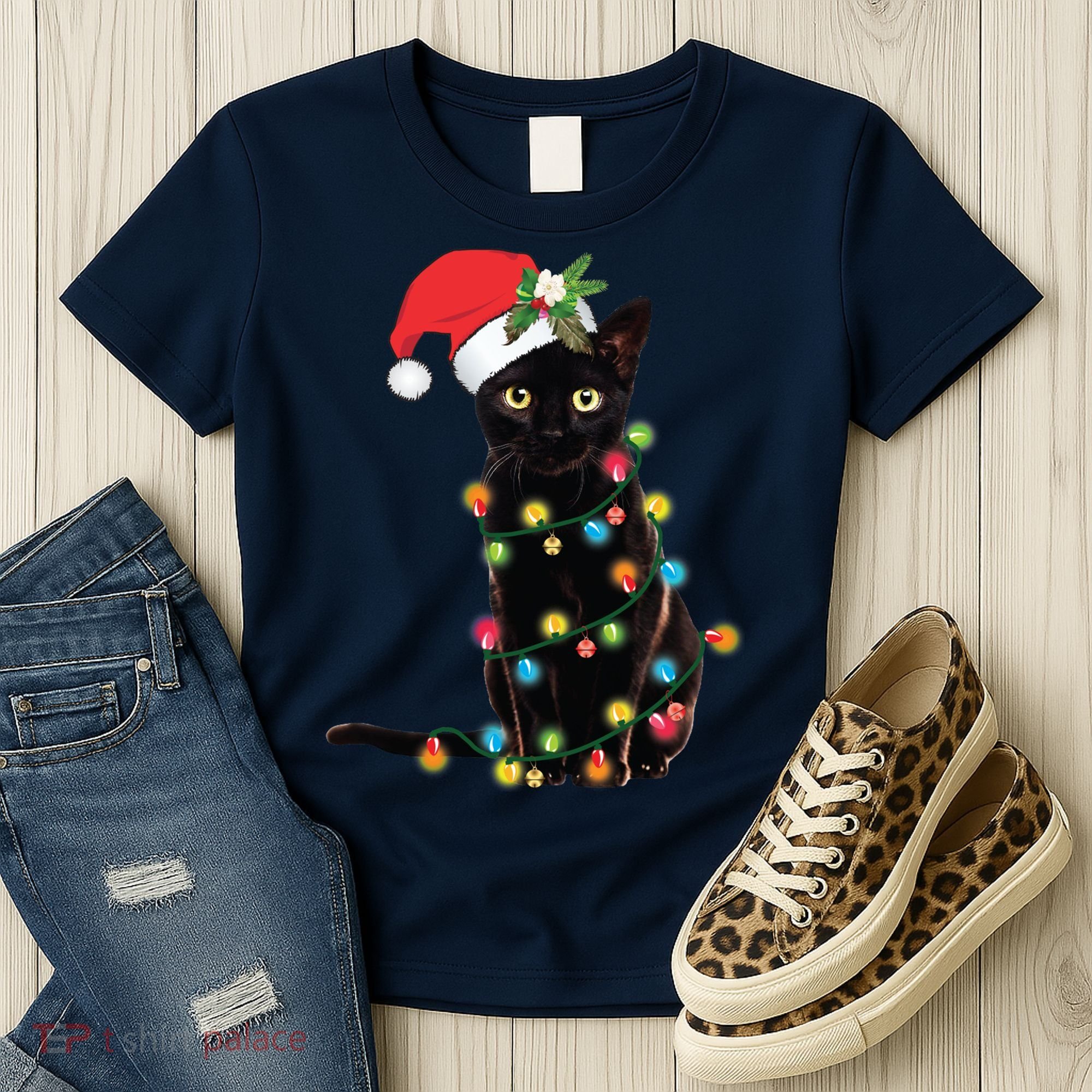 Black Santa Cat Tangled Up In Lights Christmas Santa Women's T-Shirt
