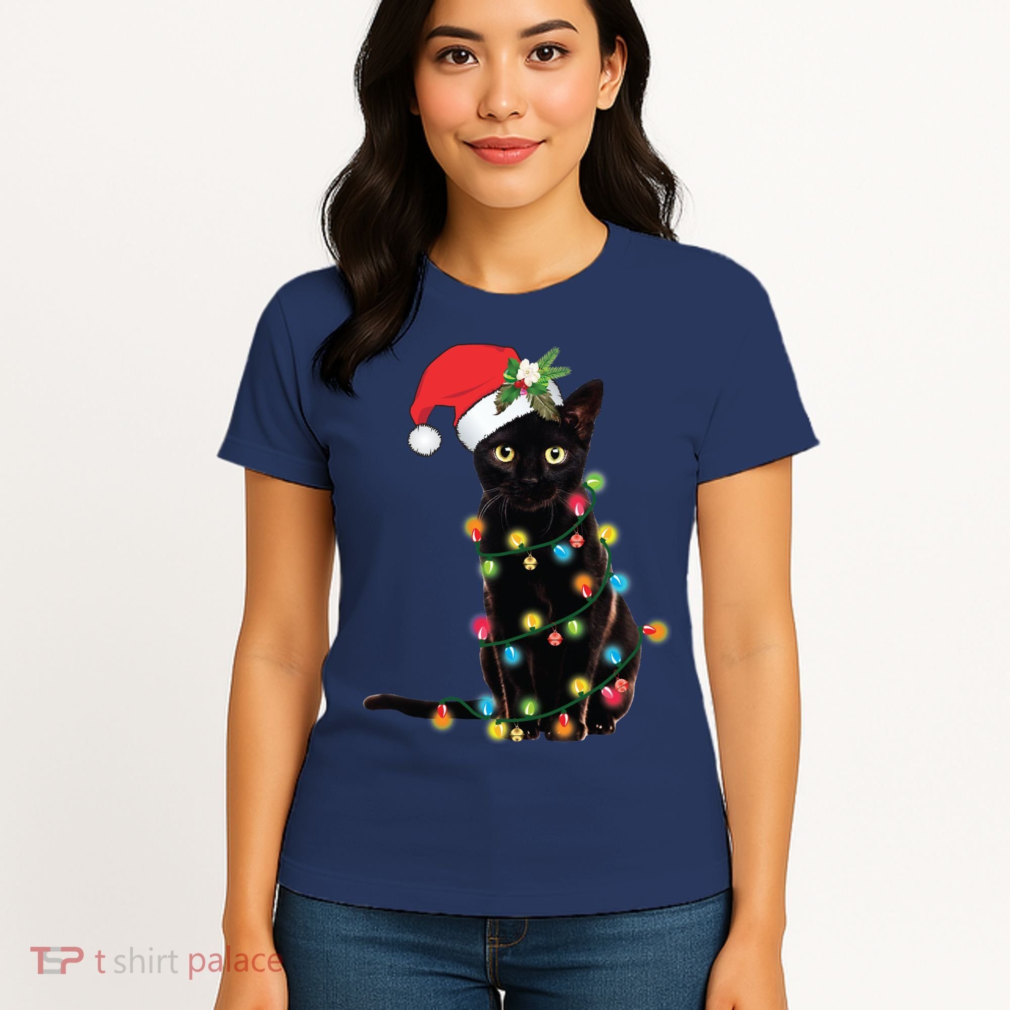 Black Santa Cat Tangled Up In Lights Christmas Santa Women's T-Shirt