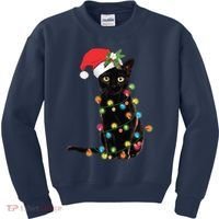 Black Santa Cat Tangled Up In Lights Christmas Santa Kids Sweatshirt thumb 0